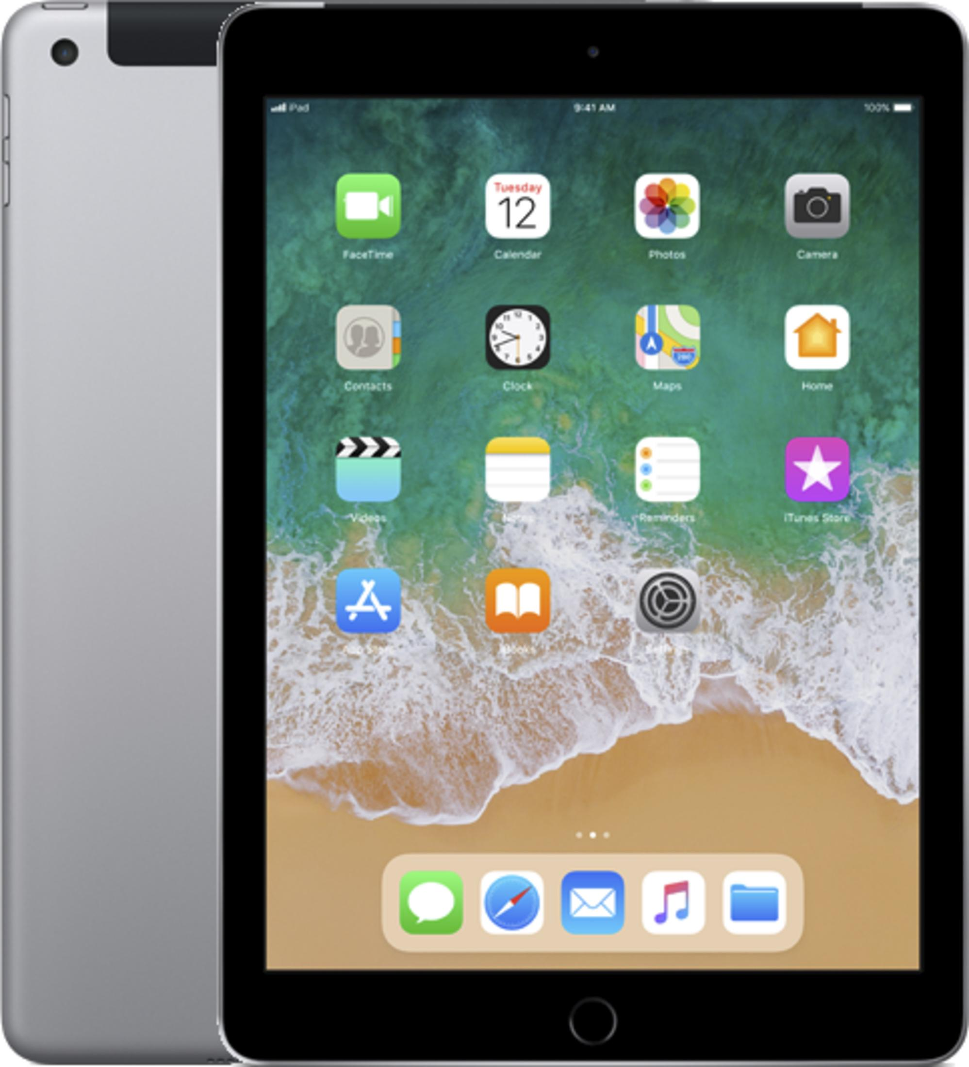 Een zilveren iPad met een golvenbehang en app-pictogrammen.