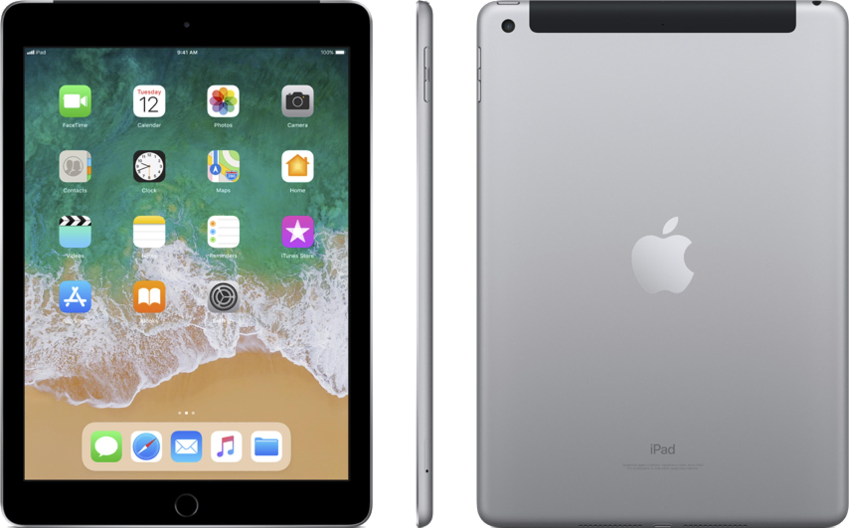 Zilveren iPad voorzijde met apps en achterkant met Apple logo.