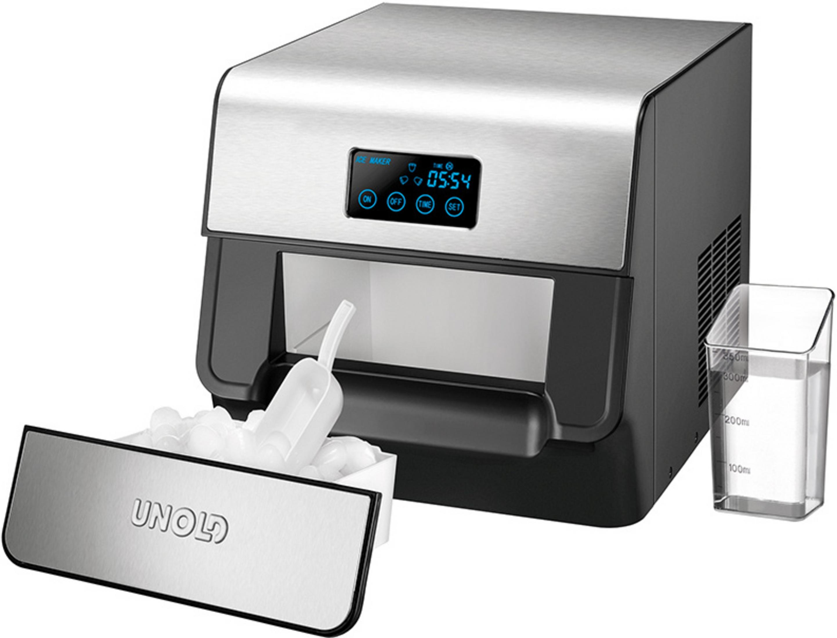Srebrna kostkarka do lodu z cyfrowym wyświetlaczem i pojemnikiem na lód.