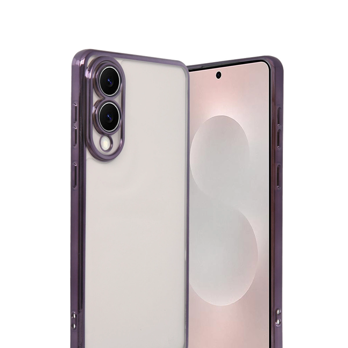 Şeffaf arkalı ve iki kameralı mor telefon kılıfı.