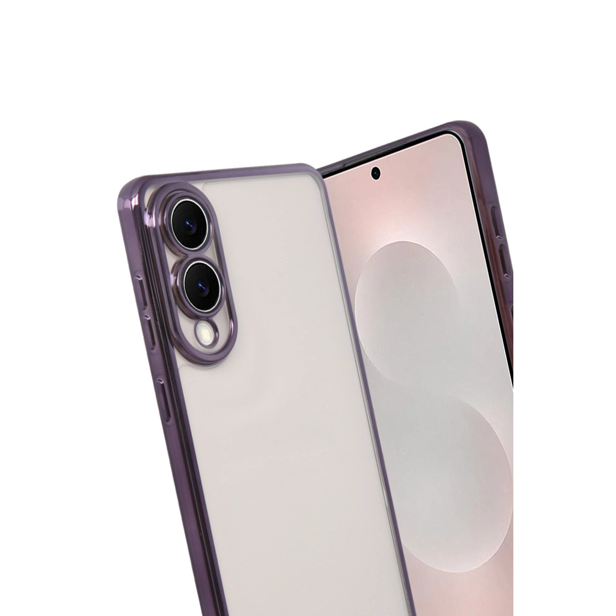 Beyaz arka plan üzerinde iki kameralı mor şeffaf telefon kılıfı.