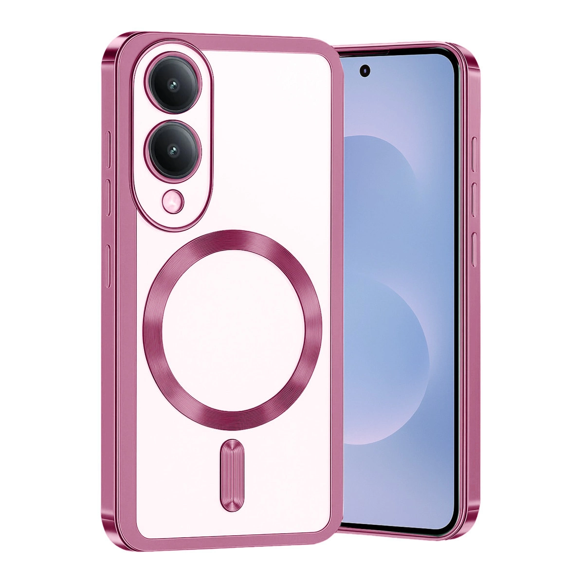 Mıknatıslı halkalı ve şeffaf arkalı pembe telefon kılıfı.