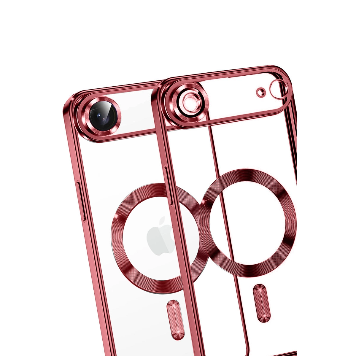 Beyaz arka plan üzerinde, rose gold kenarlı iki şeffaf telefon kılıfı.