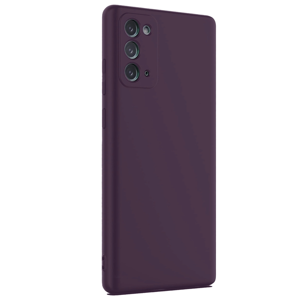 Arkada üçlü kamera kesimine sahip koyu mor telefon kılıfı.