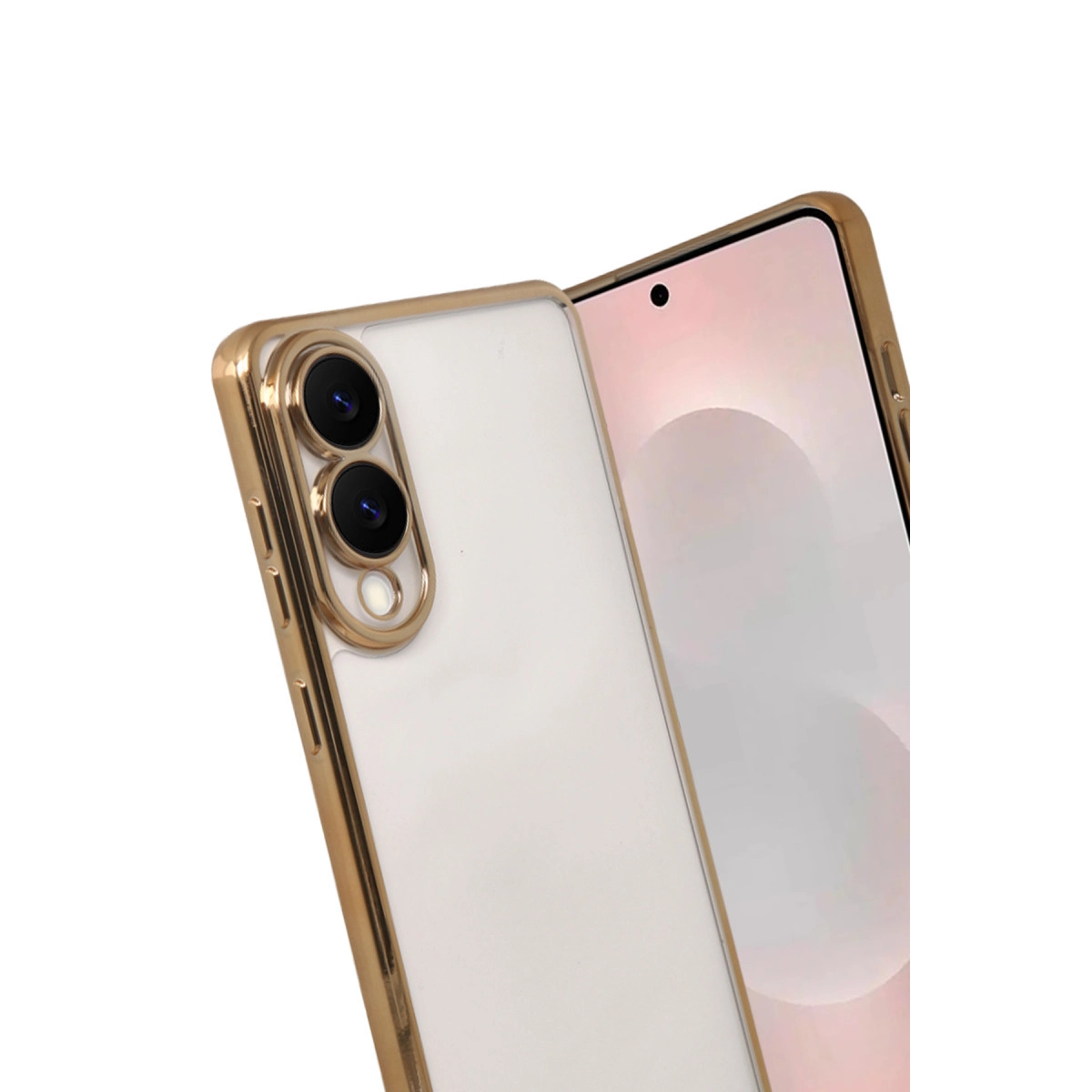 Altın kenarlı ve kamera lensli beyaz akıllı telefon.