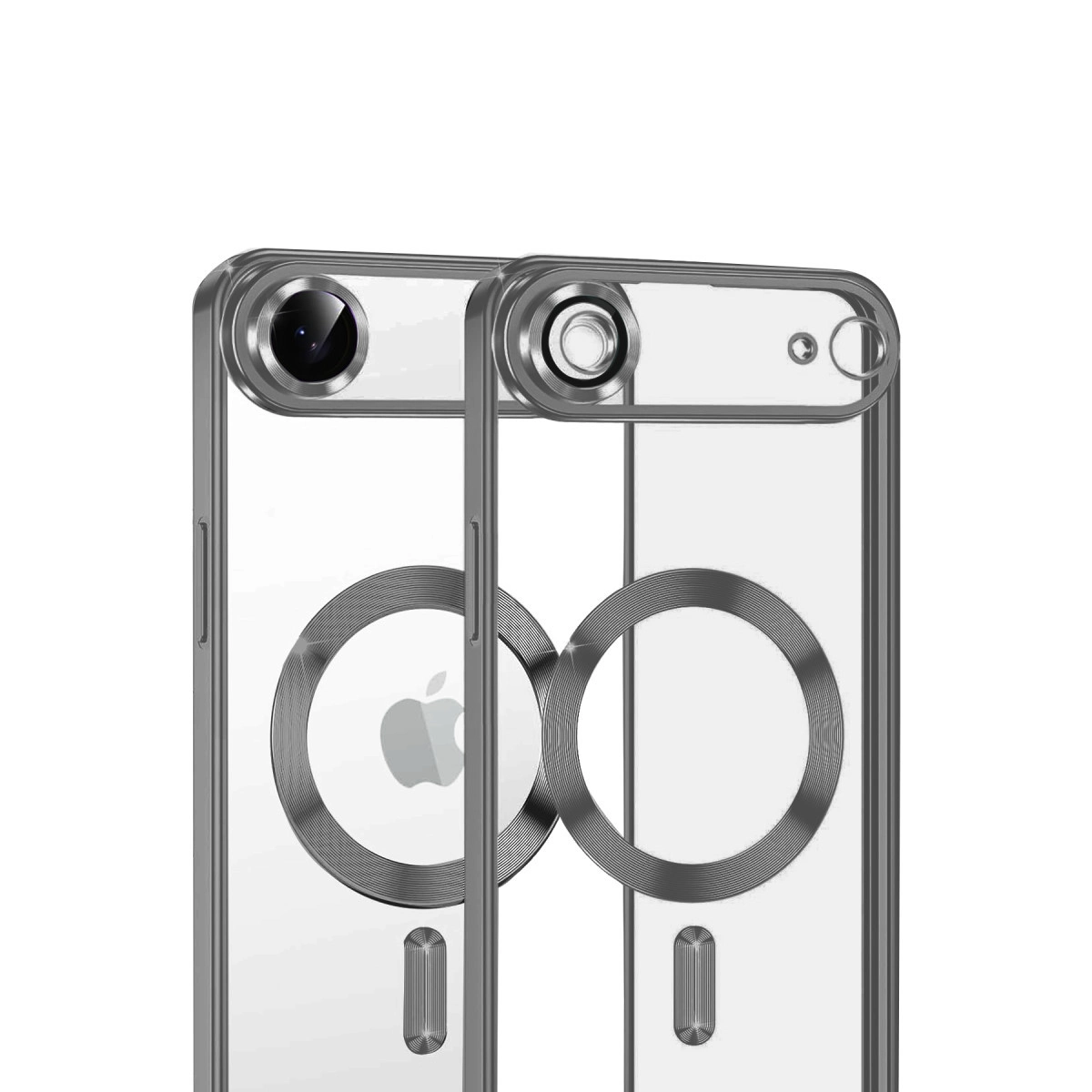 Kamera lensleri ve Apple logosu bulunan iki şeffaf telefon kılıfı.
