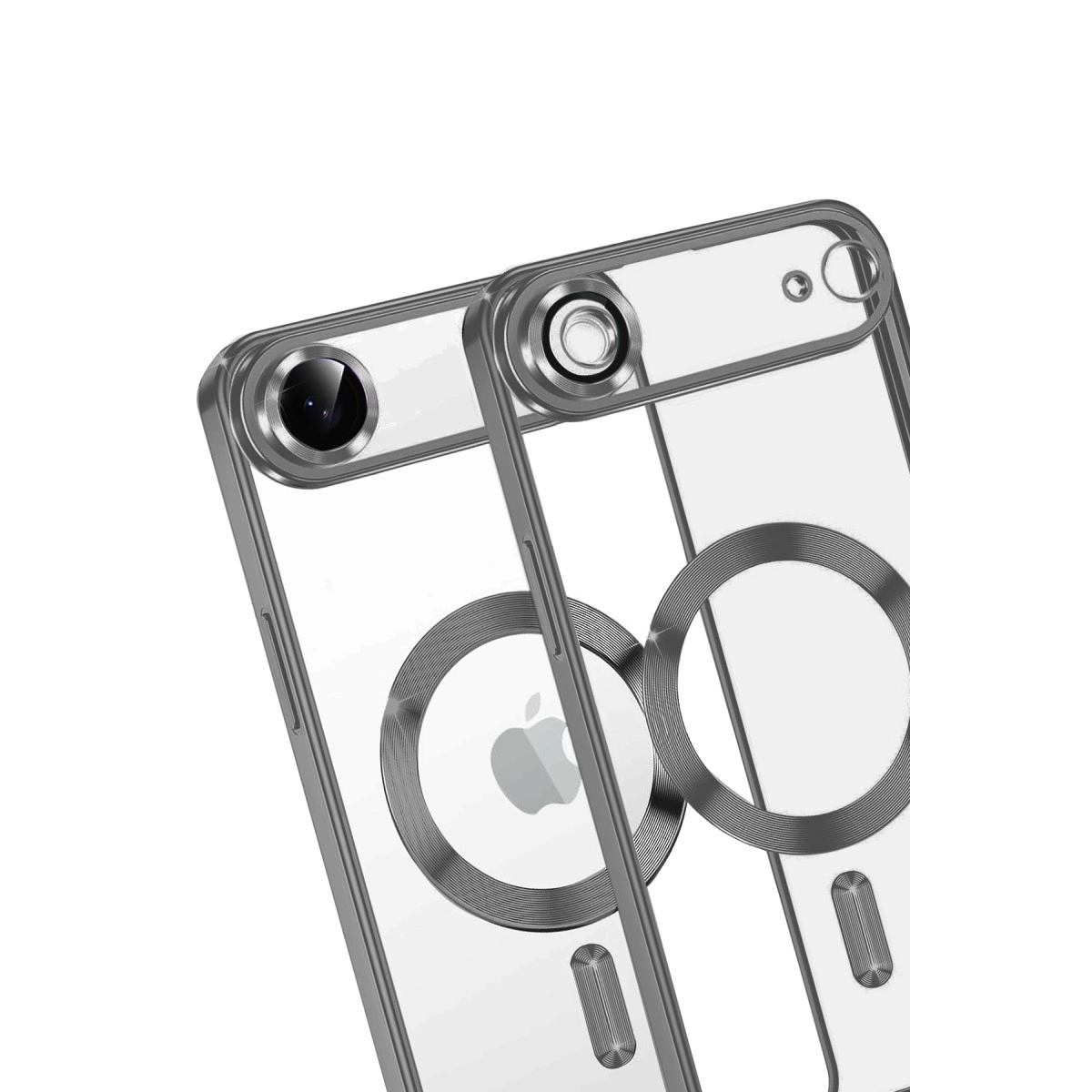 Gümüş kenarlı ve lensli iki şeffaf telefon kılıfı.