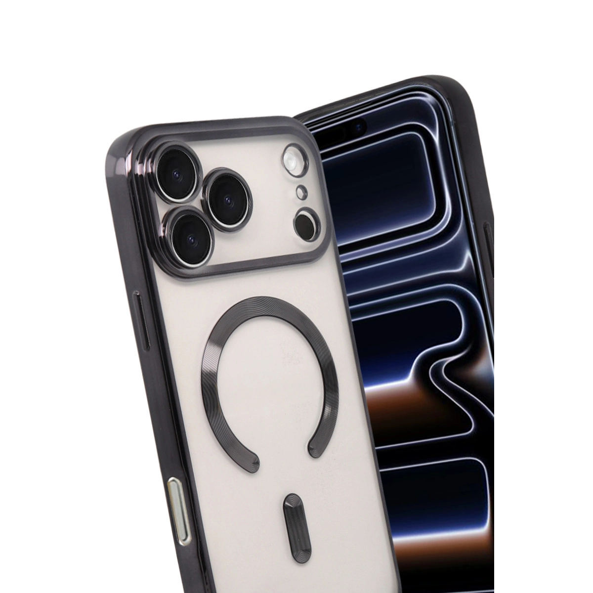Beyaz arka plan üzerinde kameralı iki iPhone şeffaf kılıfla.