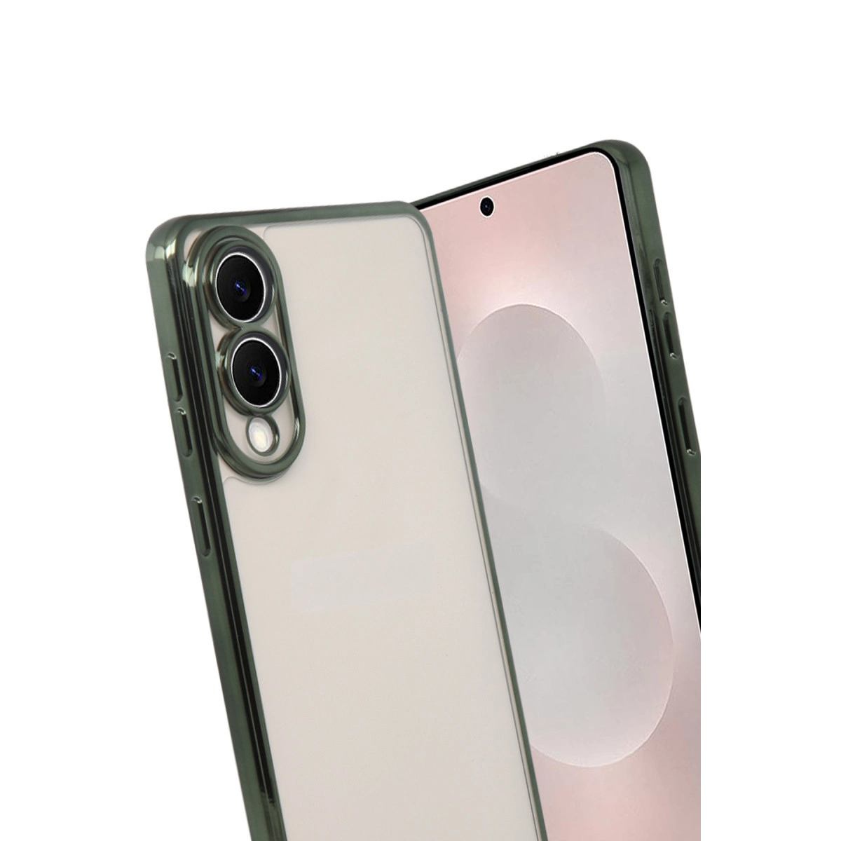Arkada iki kamera bulunan yeşil çerçeveli şeffaf telefon.
