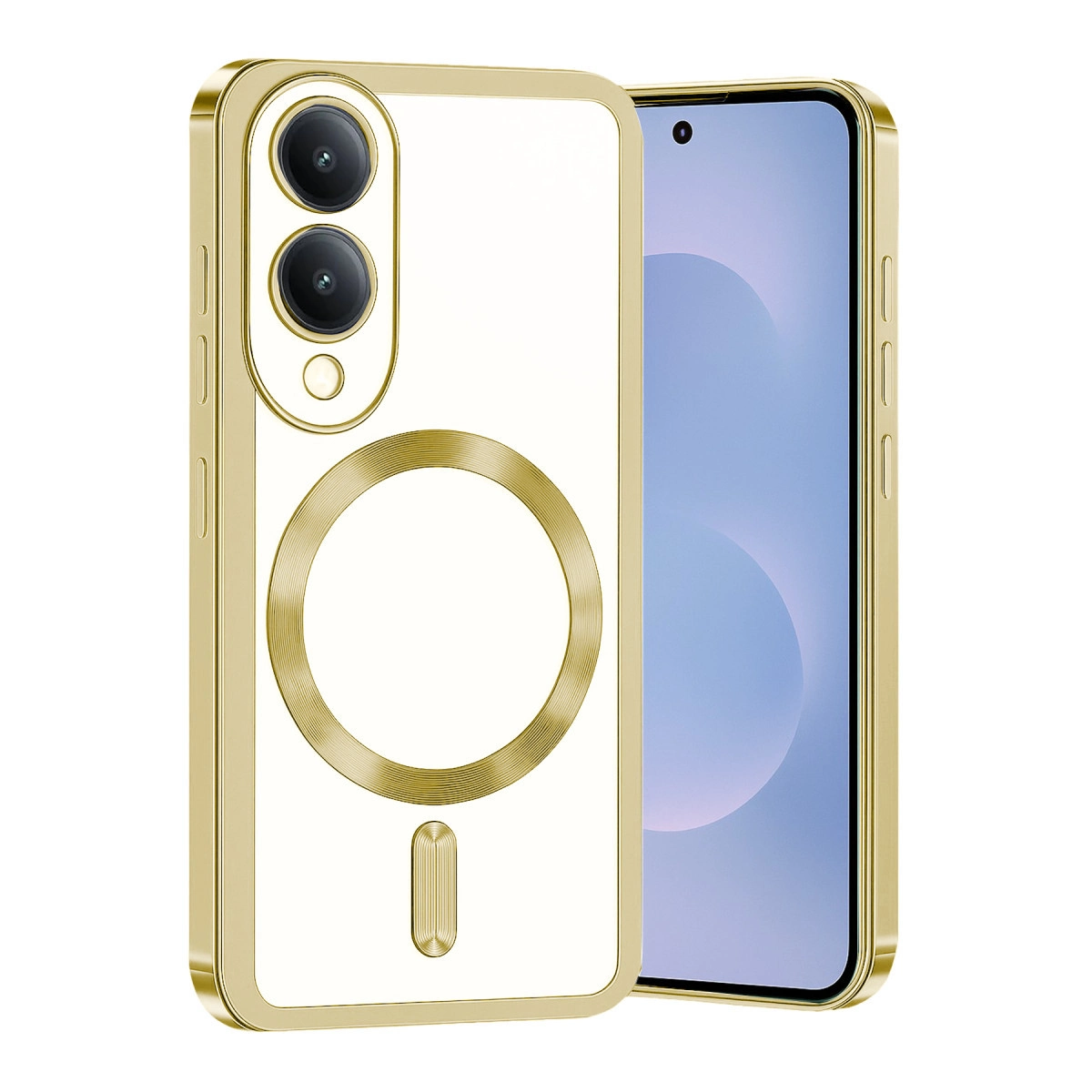 Beyaz arka ve kamera modülüne sahip altın rengi telefon kılıfı.