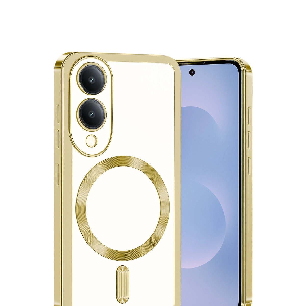 İki kameralı ve manyetik halkalı altın rengi telefon kılıfı.