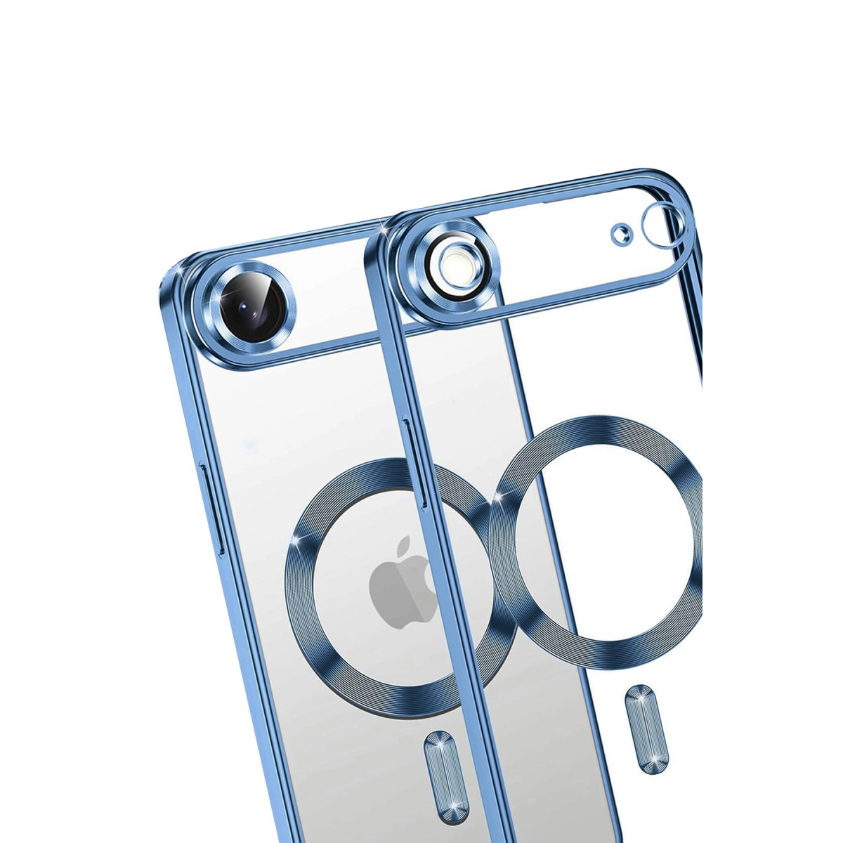 Arkası beyaz iki şeffaf iPhone kılıfı, mavi metal çerçeveli.