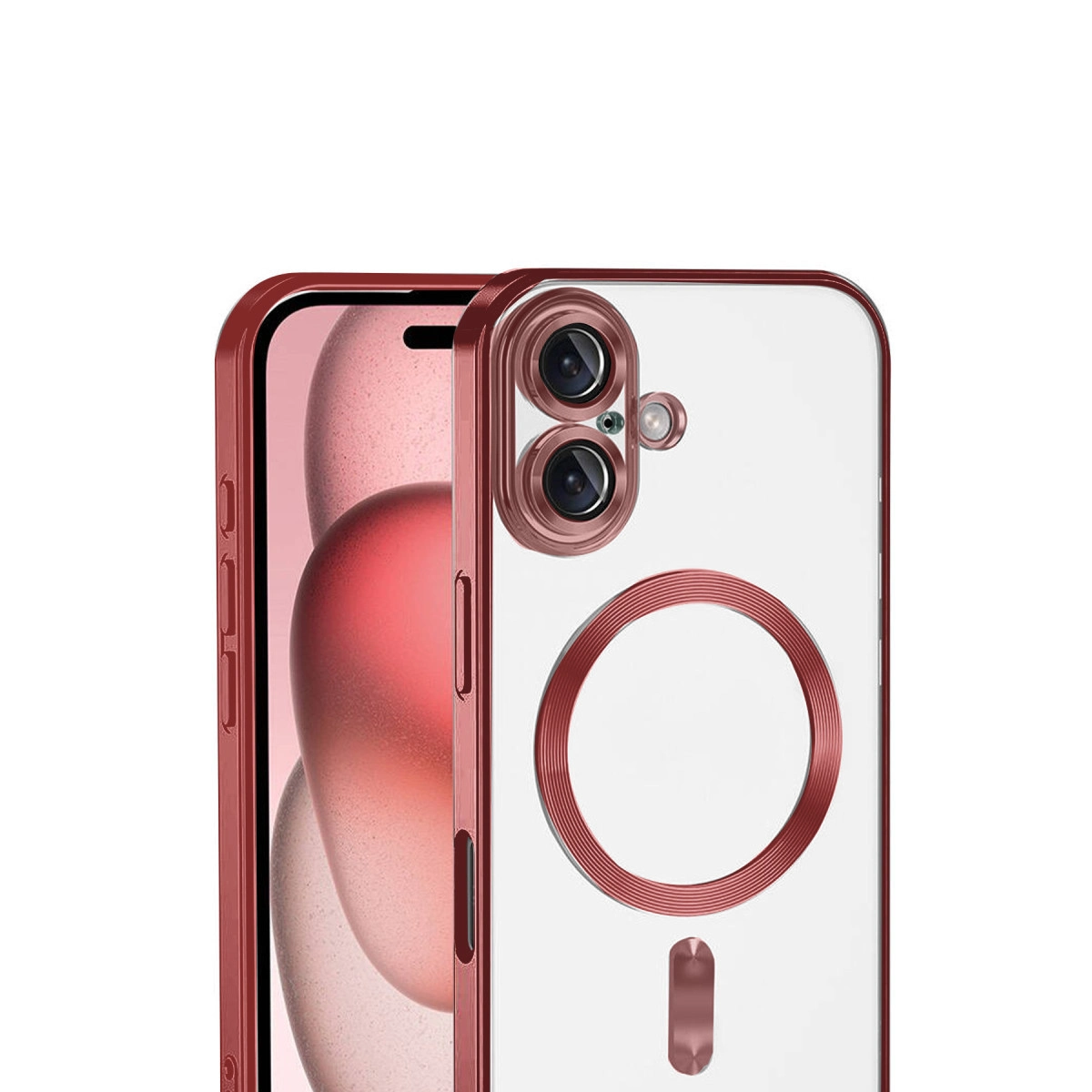 Kamera modüllü şeffaf kılıflı kırmızı telefon. Arkada halka ve çizgi.