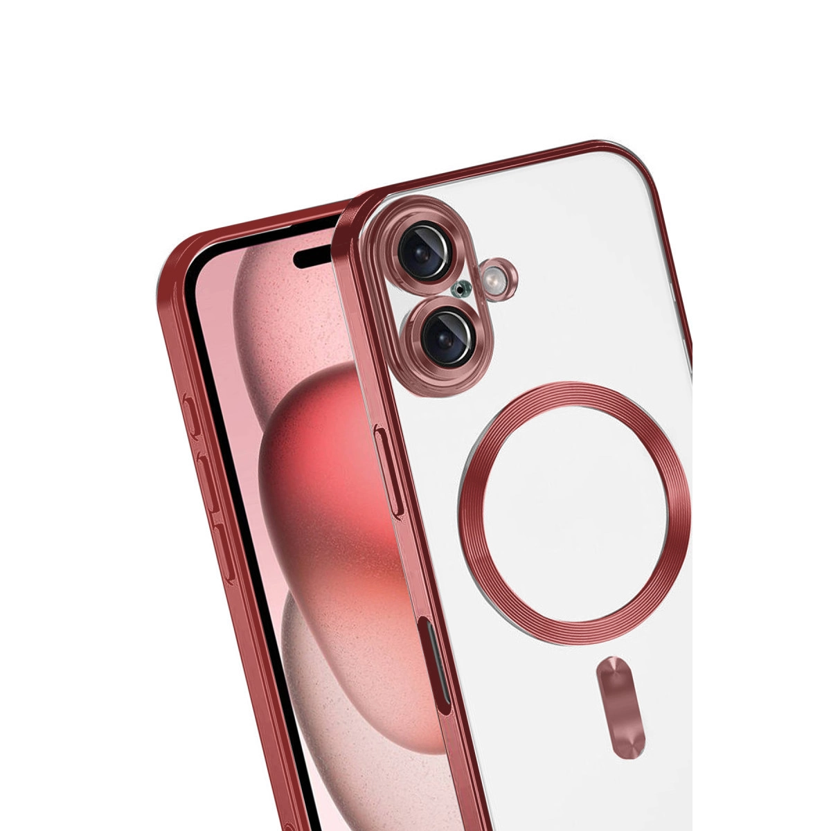 Kırmızı çerçeveli şeffaf telefon kılıfı detayı. İki kamera ve manyetik halka.