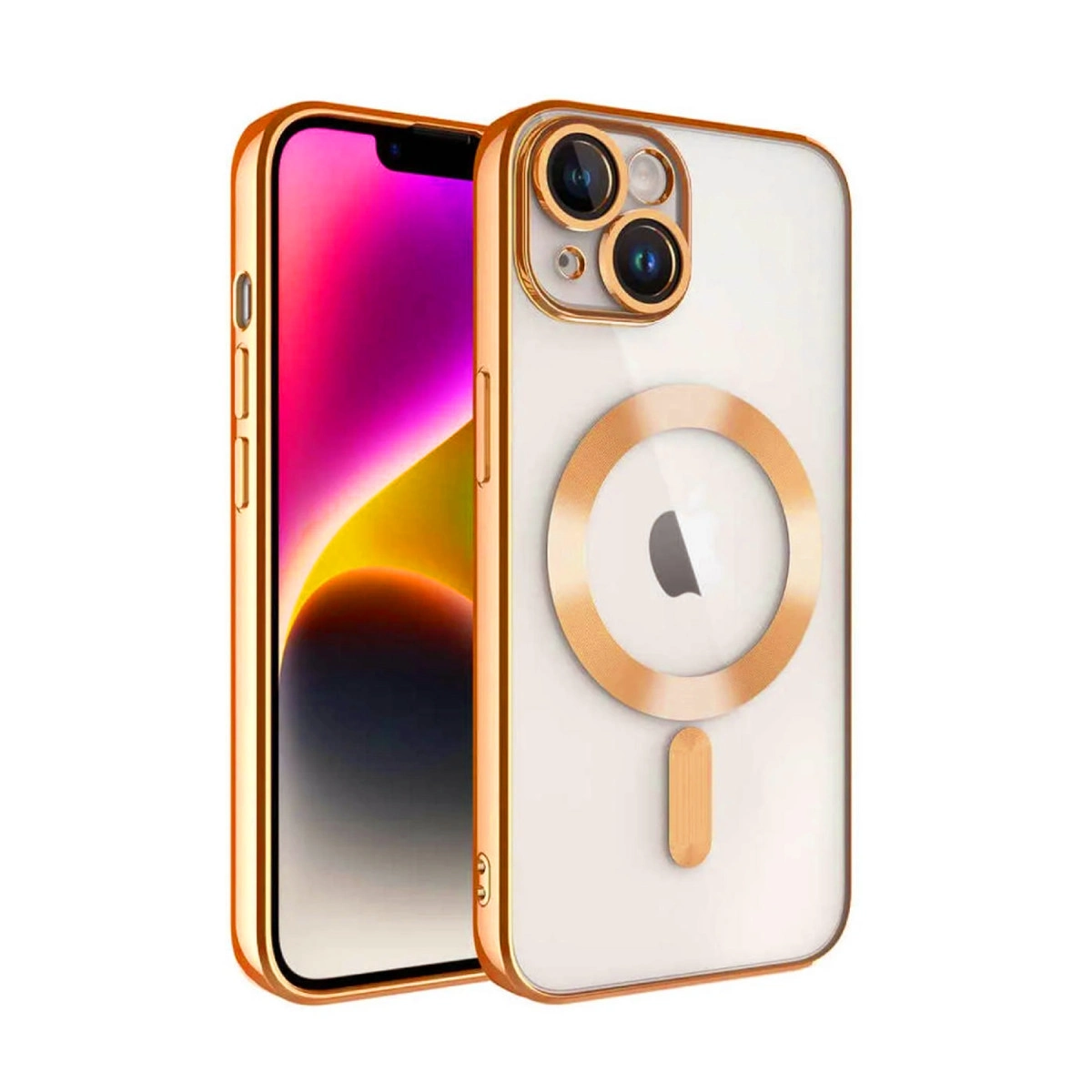 Şeffaf arkalı ve MagSafe halkalı altın iPhone kılıfı.