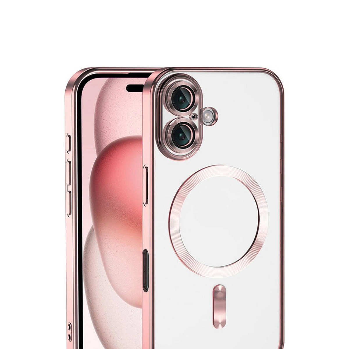 Şeffaf kasalı ve çift kameralı, rose gold bir iPhone.