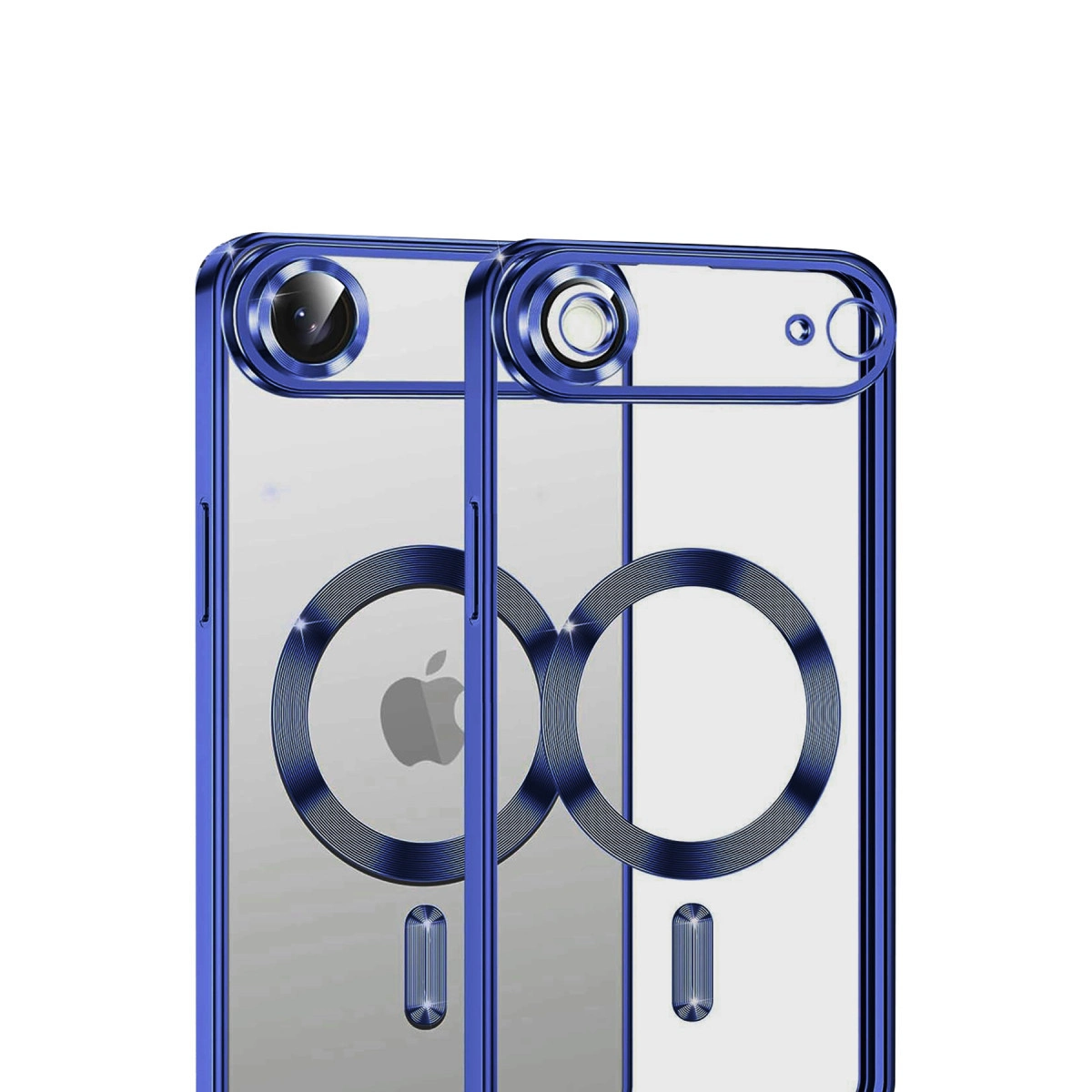 Mavi metal çerçeveli ve manyetik halkalı iki şeffaf telefon kılıfı. Apple logosu görünüyor.