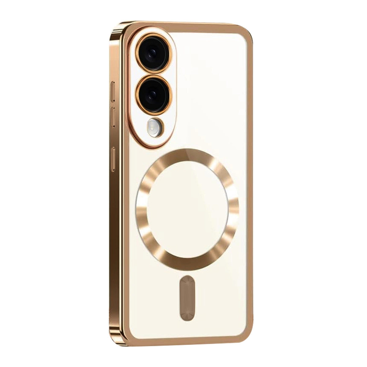 İki kameralı ve manyetik halkalı altın rengi telefon kılıfı.