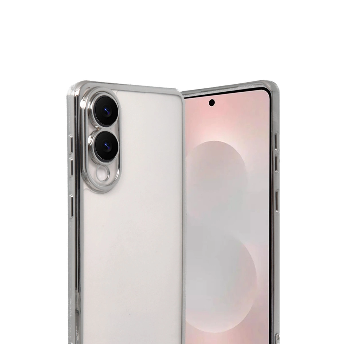 Şeffaf telefon kılıfı beyaz telefonda çift kamera lensi gösteriyor. Ekranı bulanık pembe bir arka plan görüntülüyor.