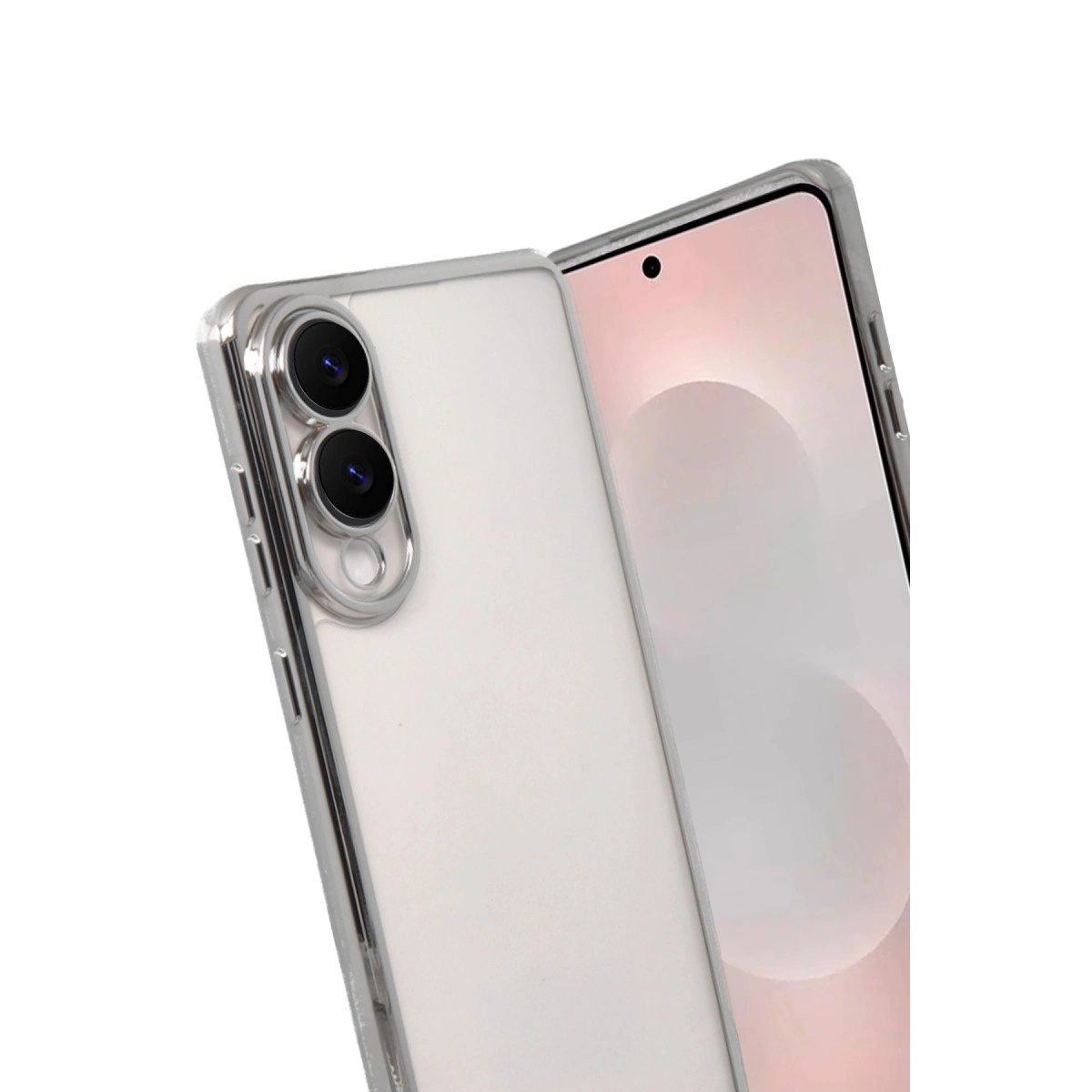 İki kameralı beyaz telefon üzerinde şeffaf kılıf.