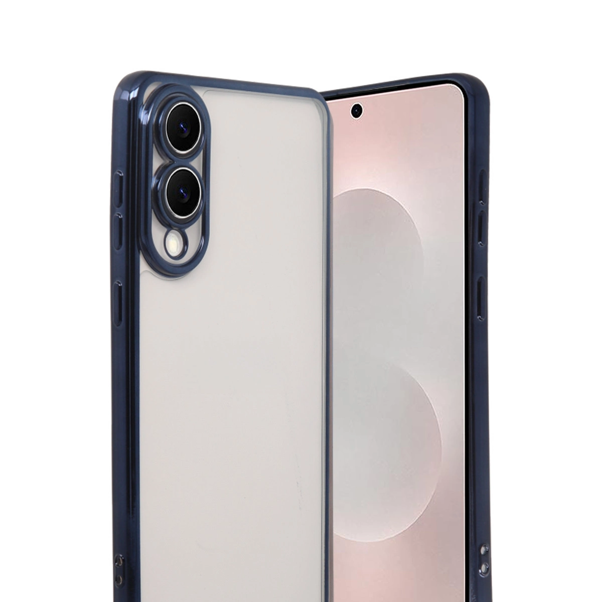 Koyu renk telefon kılıfı, siyah çerçeveli ve kameralı bir akıllı telefonu koruyor.