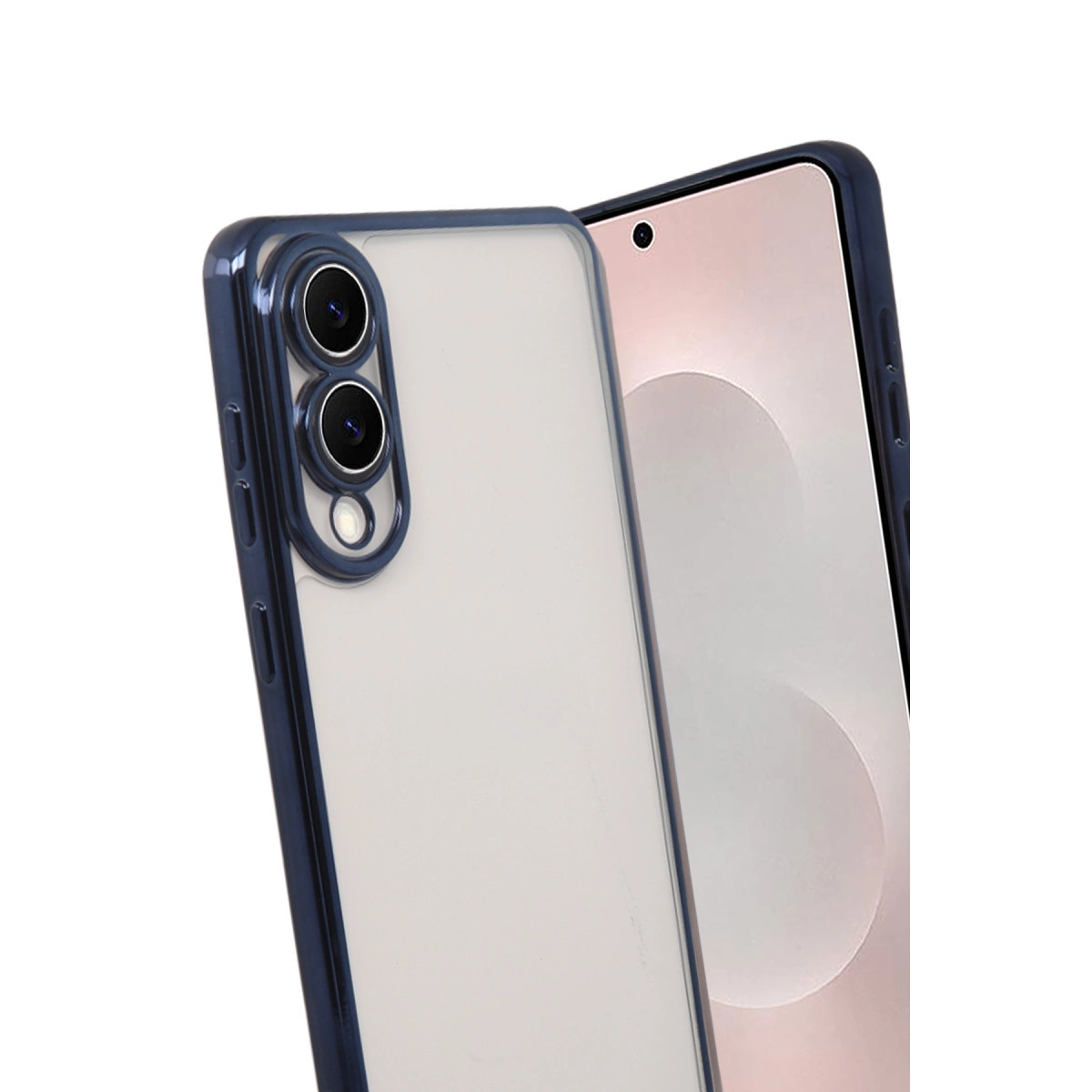 Mavi koruyucu kılıflı akıllı telefonun arka görünümü, çift kamera.