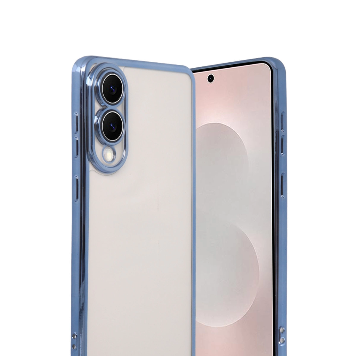 Mavi kenarlı şeffaf telefon kılıfı, çift kameralı bir akıllı telefonu korur.