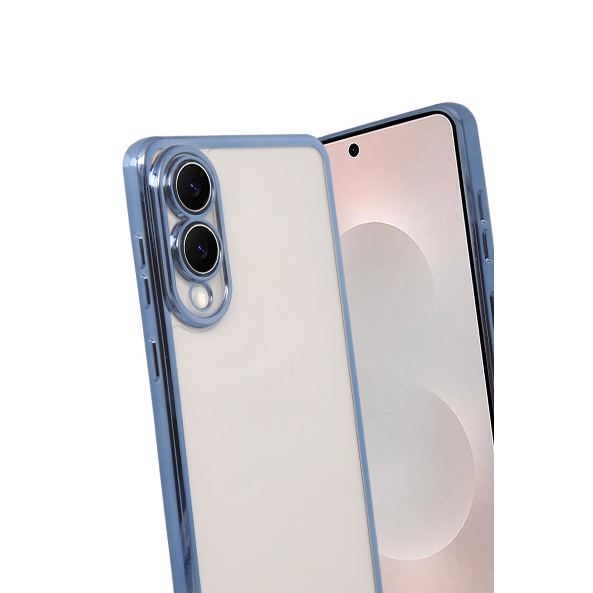 Mavi kenarlı şeffaf telefon kılıfı bir akıllı telefonu çevreler.