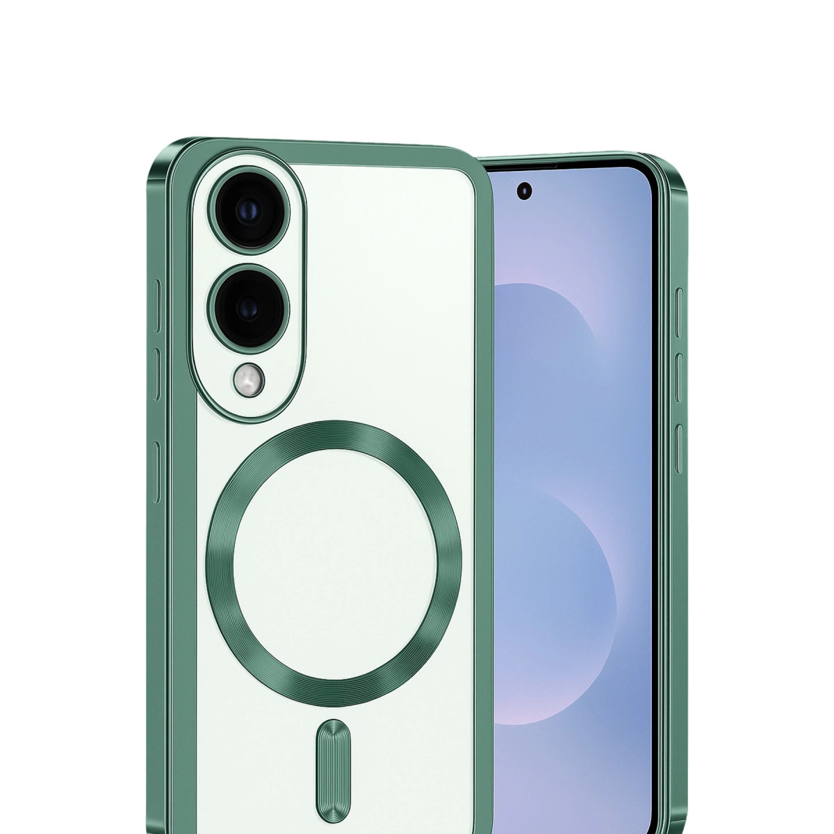 Kamera ve manyetik halkalı yeşil telefon kılıfı, yanında bir akıllı telefon.