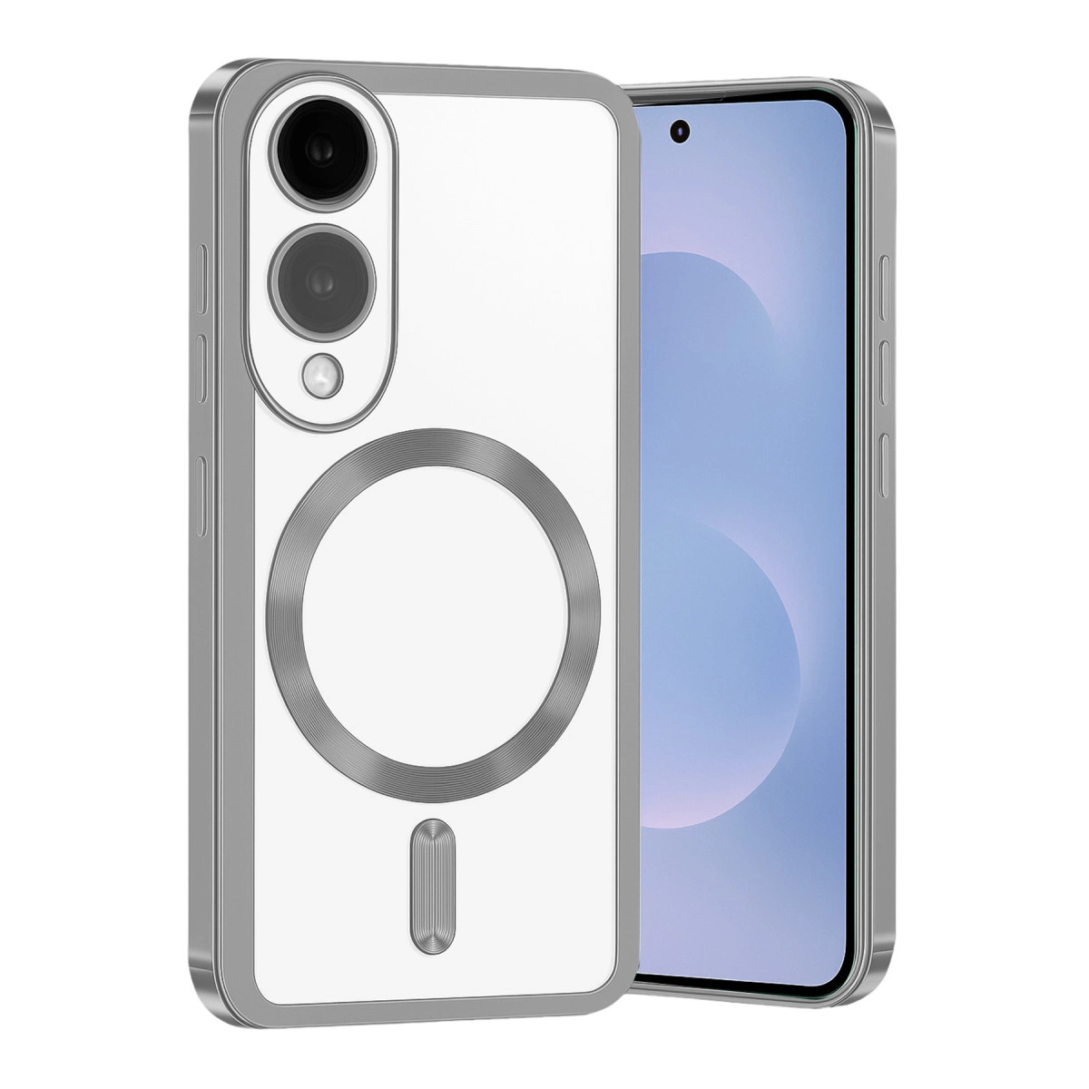 Arkada daire bulunan gümüş kenarlı şeffaf telefon kılıfı.