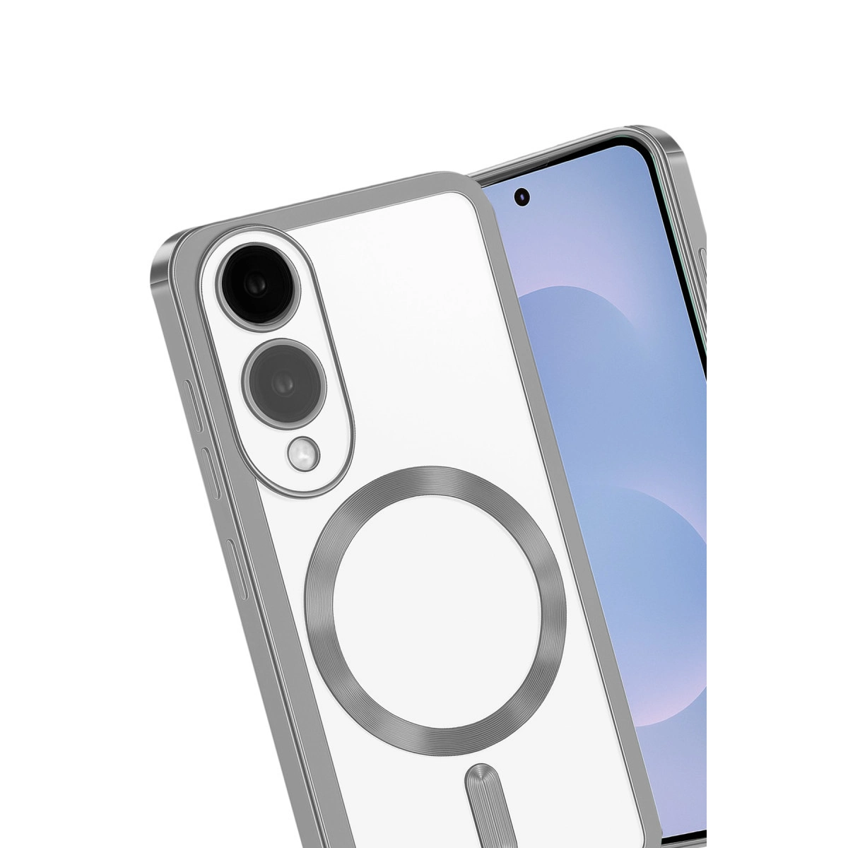 Gümüş çerçeveli şeffaf telefon kılıfı kamera ve manyetik halka gösterir.