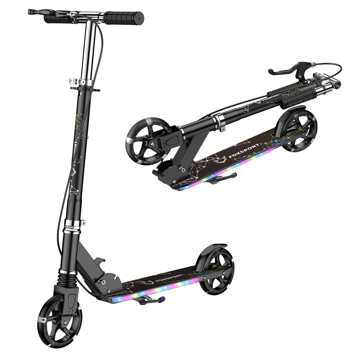 Zwei schwarze Roller mit bunten Lichtern auf den Trittbrettern.