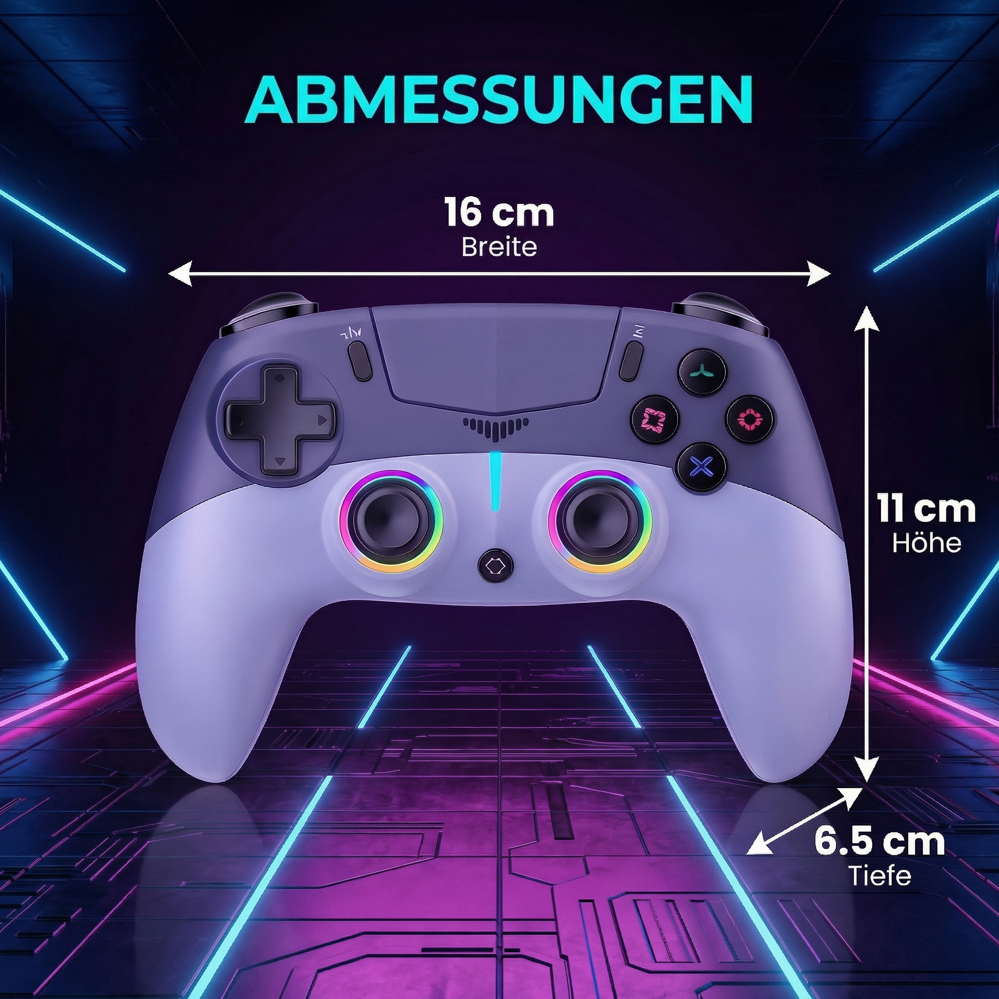 Ein Controller mit Maßen 16x11x6.5cm, beleuchtet.