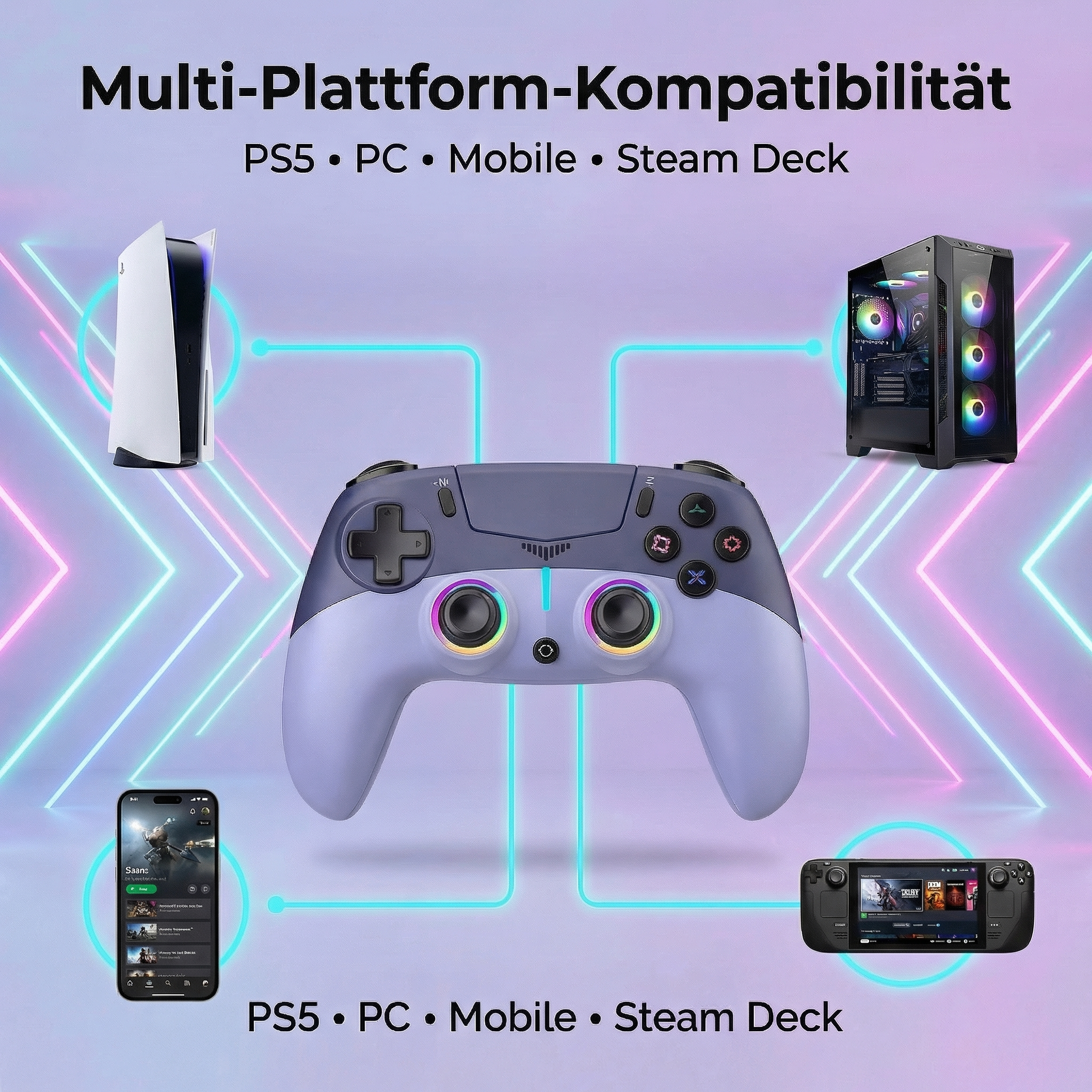 Ein Controller verbindet PS5, PC, Handy und Steam Deck mit Neonlicht.