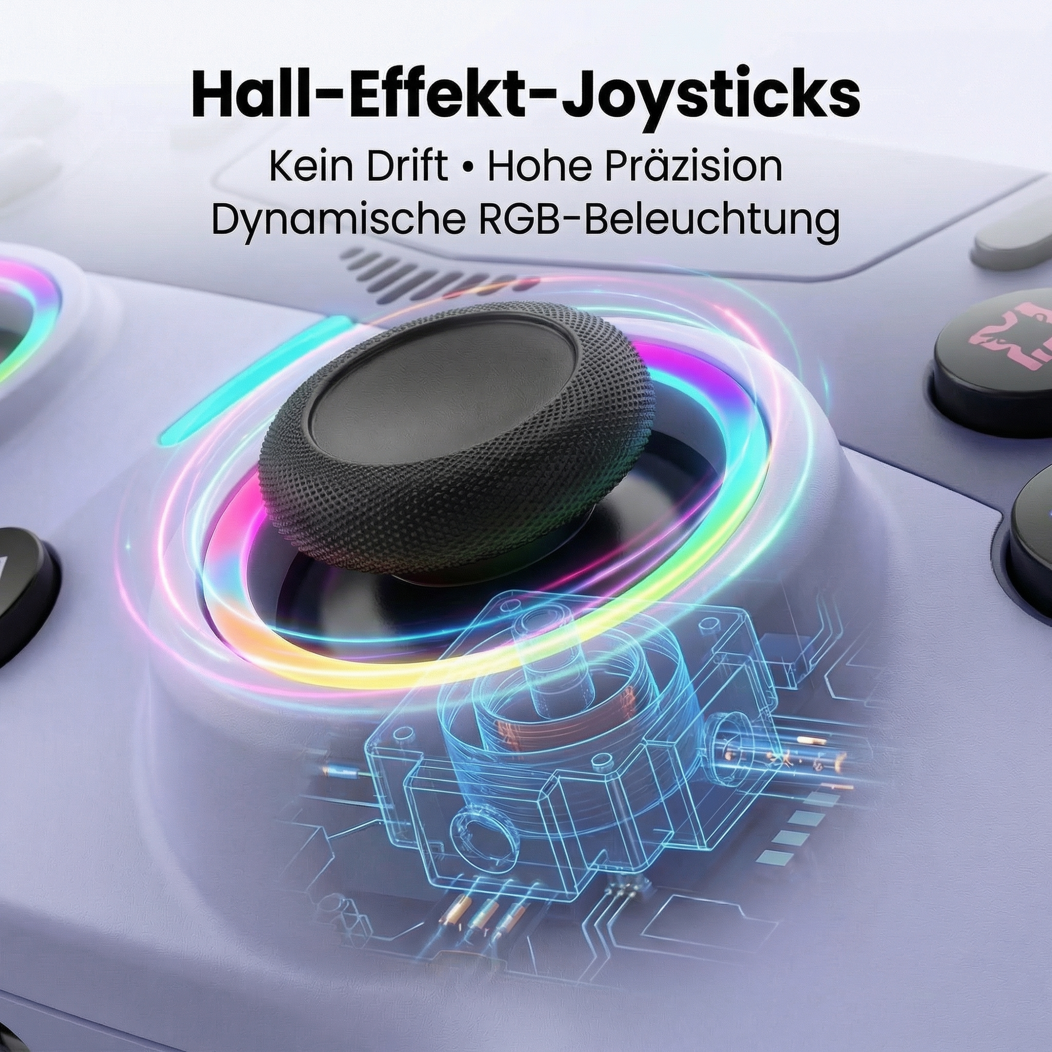 Ein lila Controller-Joystick mit RGB-Licht und technischer Blaupause.