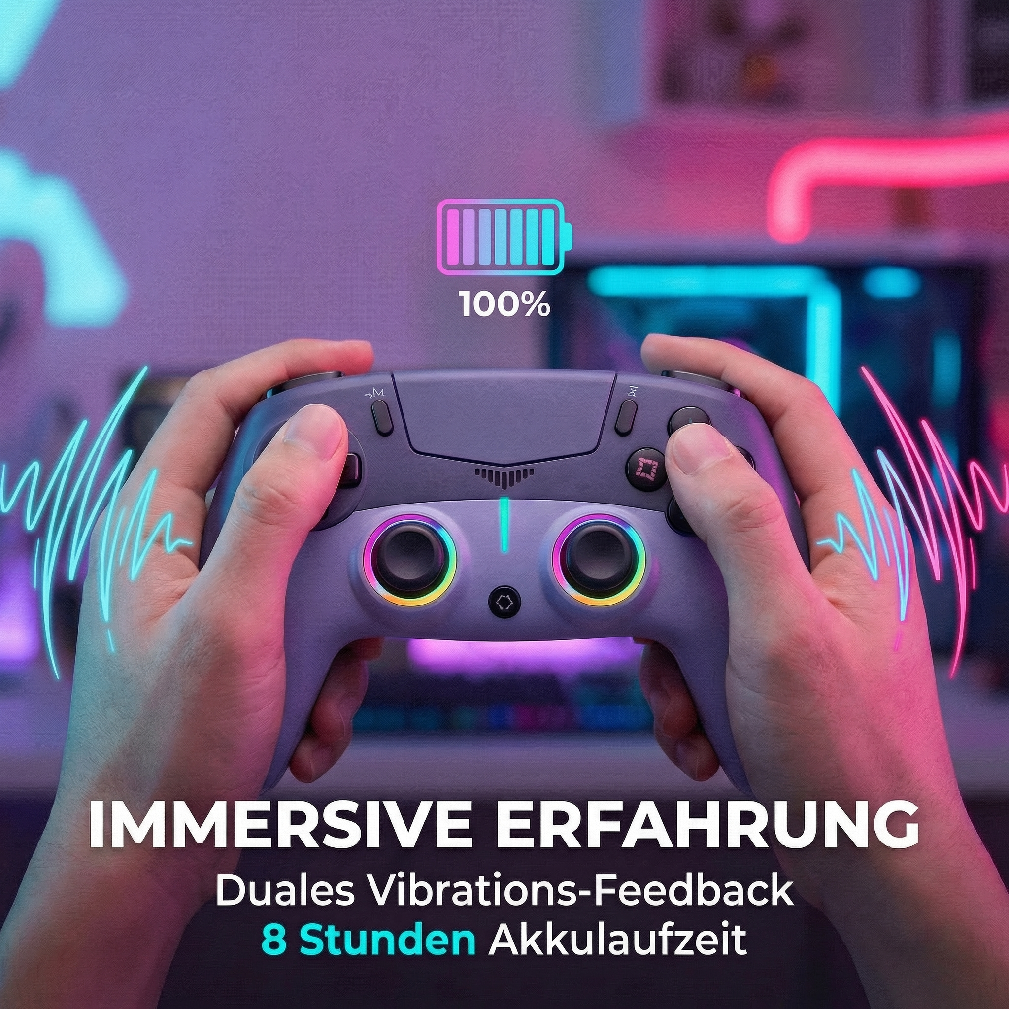 Ein Controller mit 100% Akku wird gehalten. Neonlichter im Hintergrund.