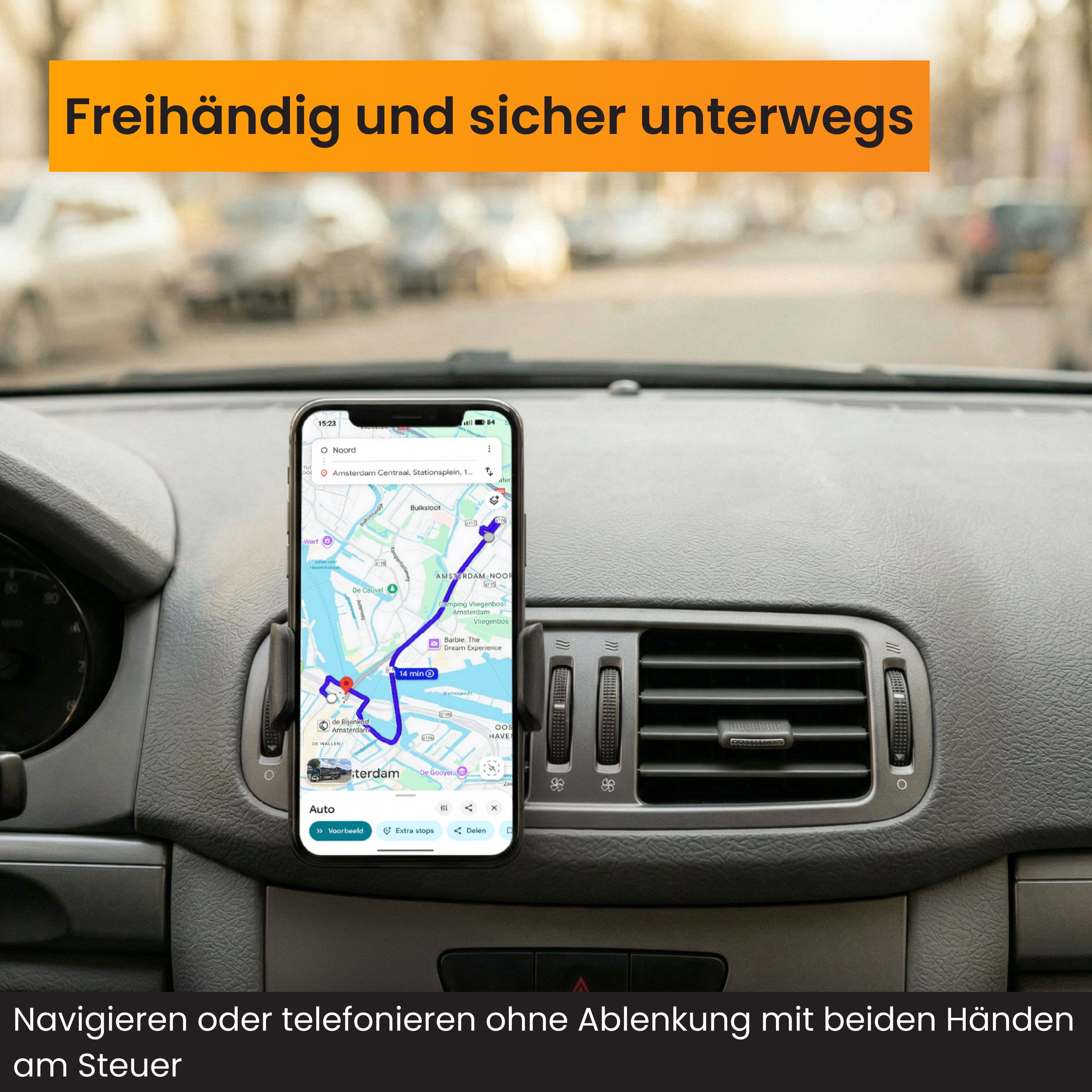 Smartphone mit Navigations-App auf dem Armaturenbrett im Auto montiert.