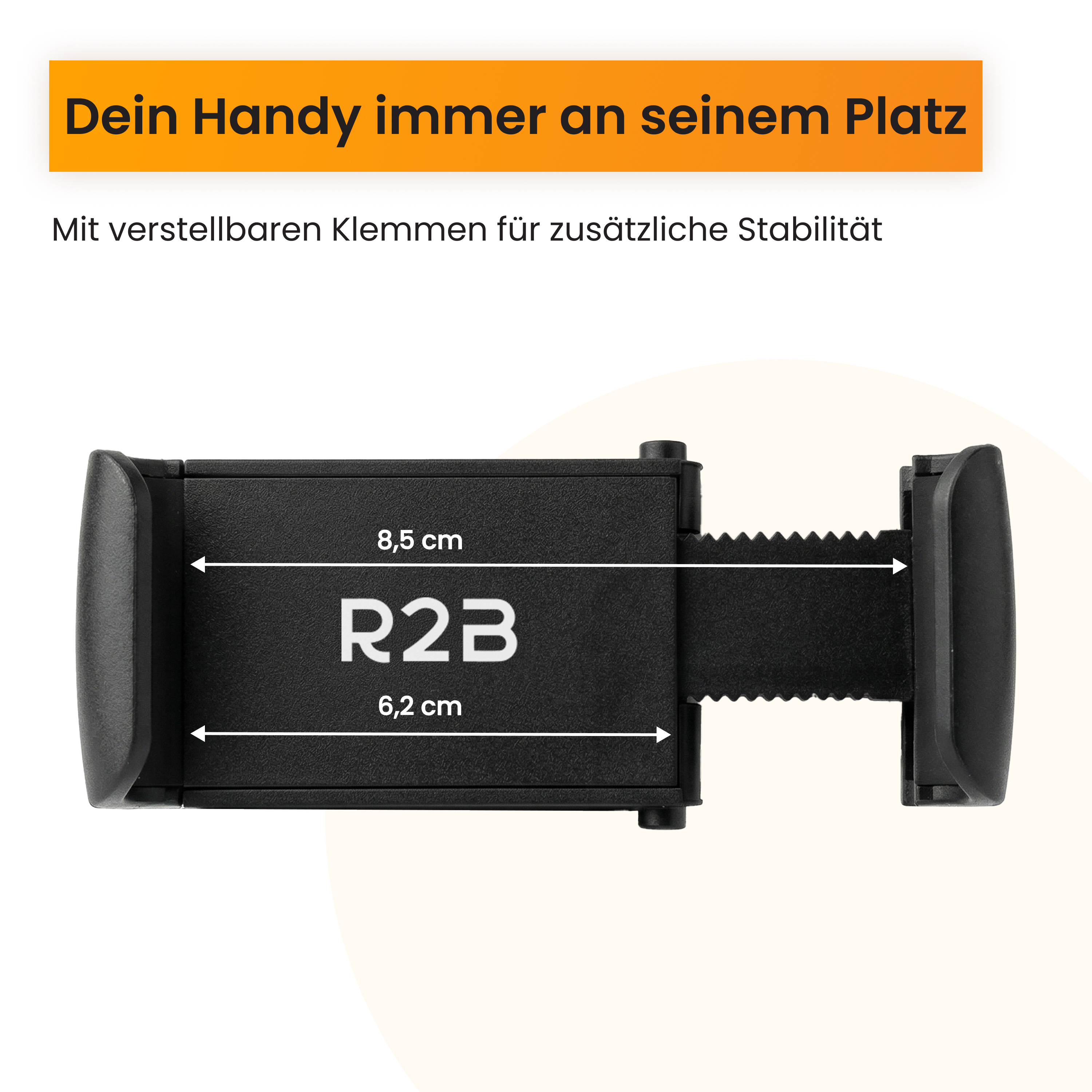 Schwarzer Handyhalter mit Maßen 8,5x6,2cm und R2B Schriftzug.