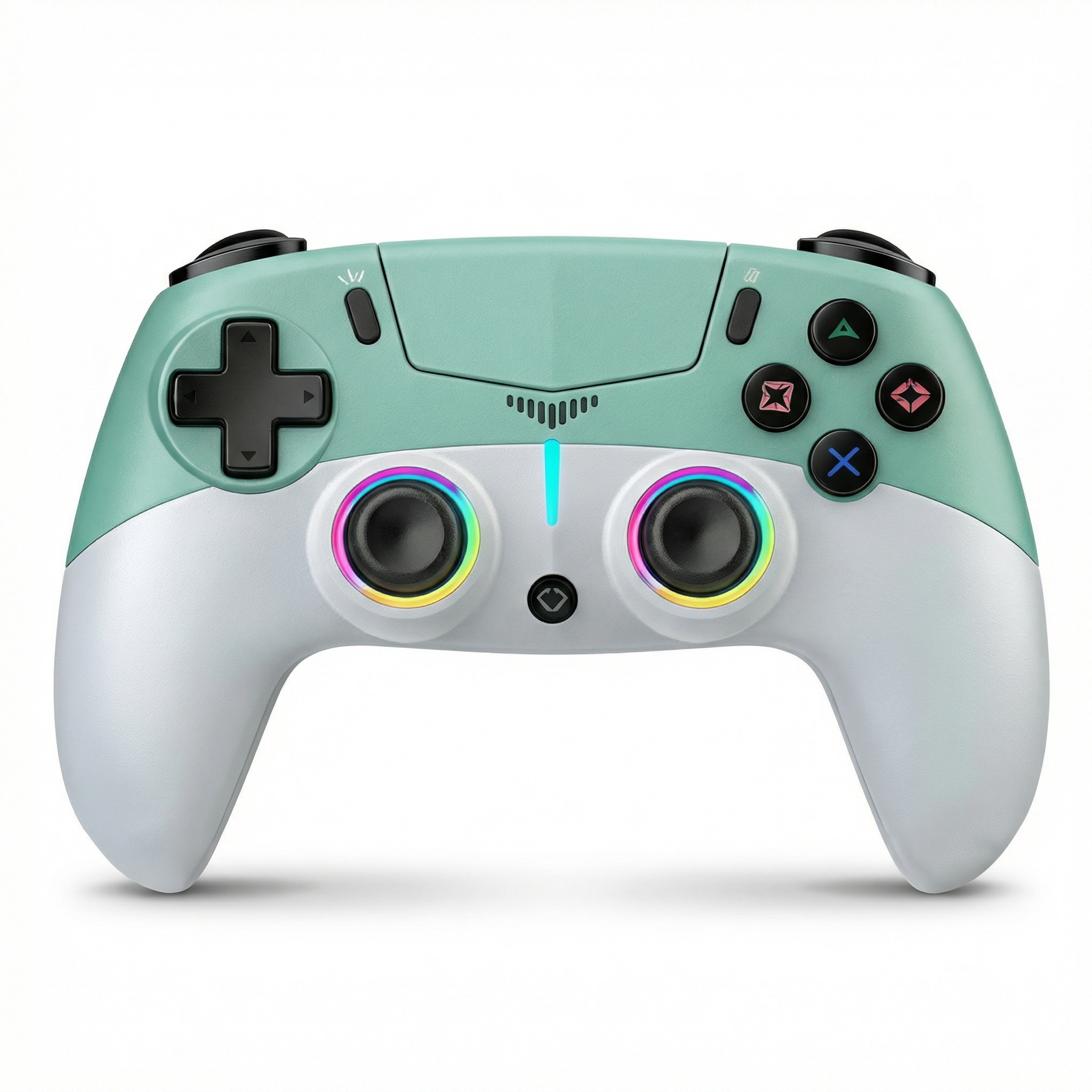 Ein mintgrüner und weißer Gaming-Controller mit beleuchteten Joysticks.