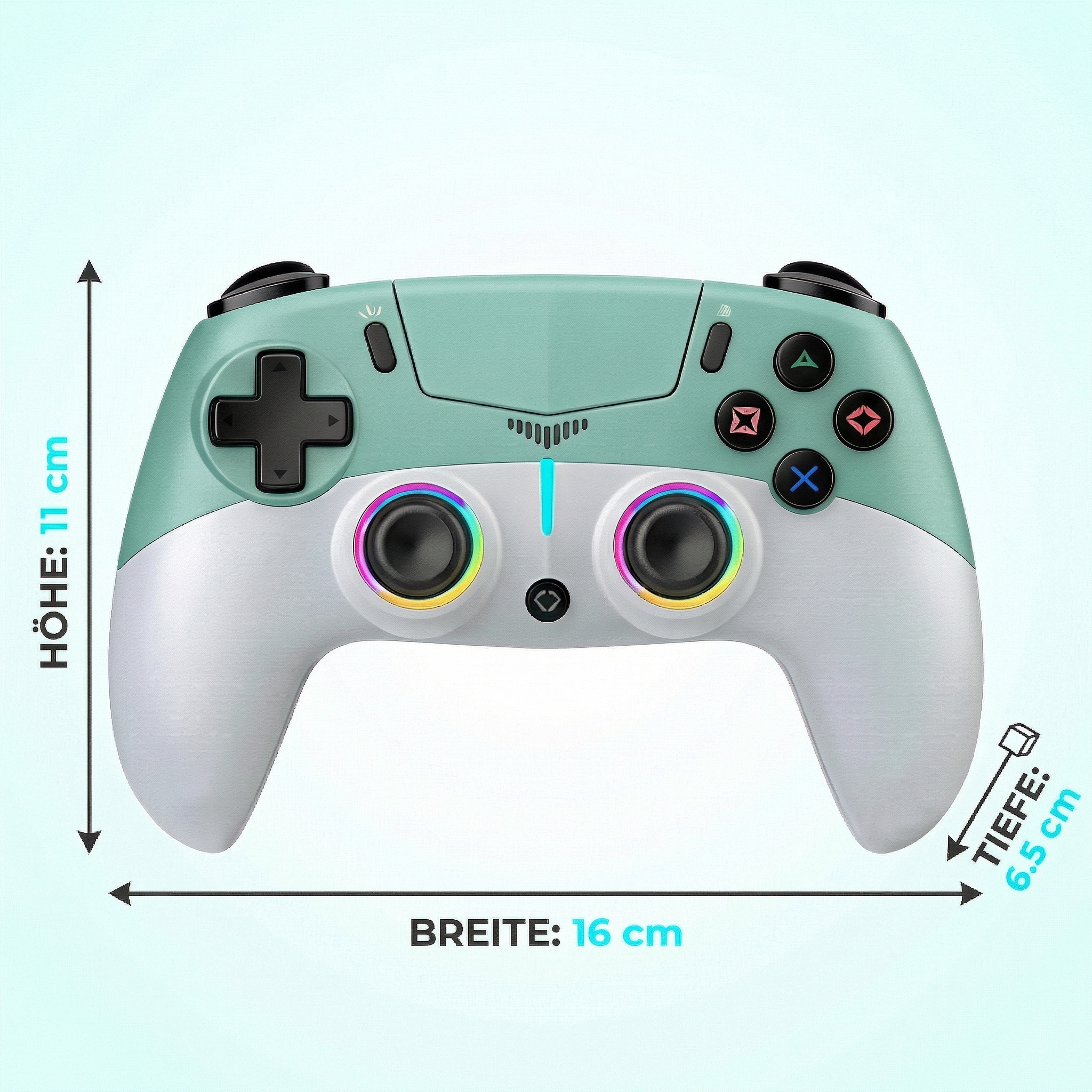Ein grüner und weißer Gaming-Controller mit beleuchteten Joysticks und Maßen.