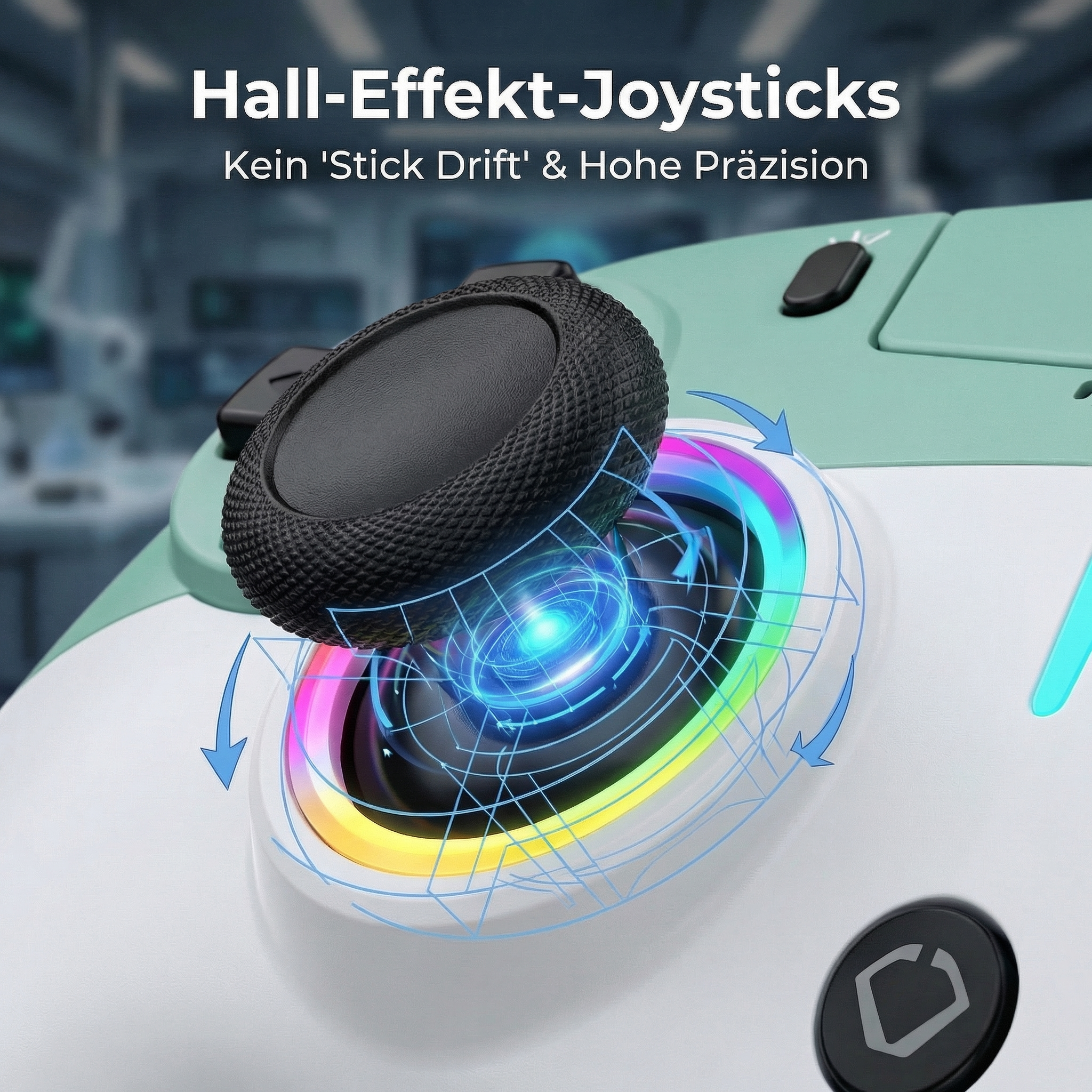 Nahaufnahme eines Controllers mit Hall-Effekt-Joysticks, die Präzision zeigen.