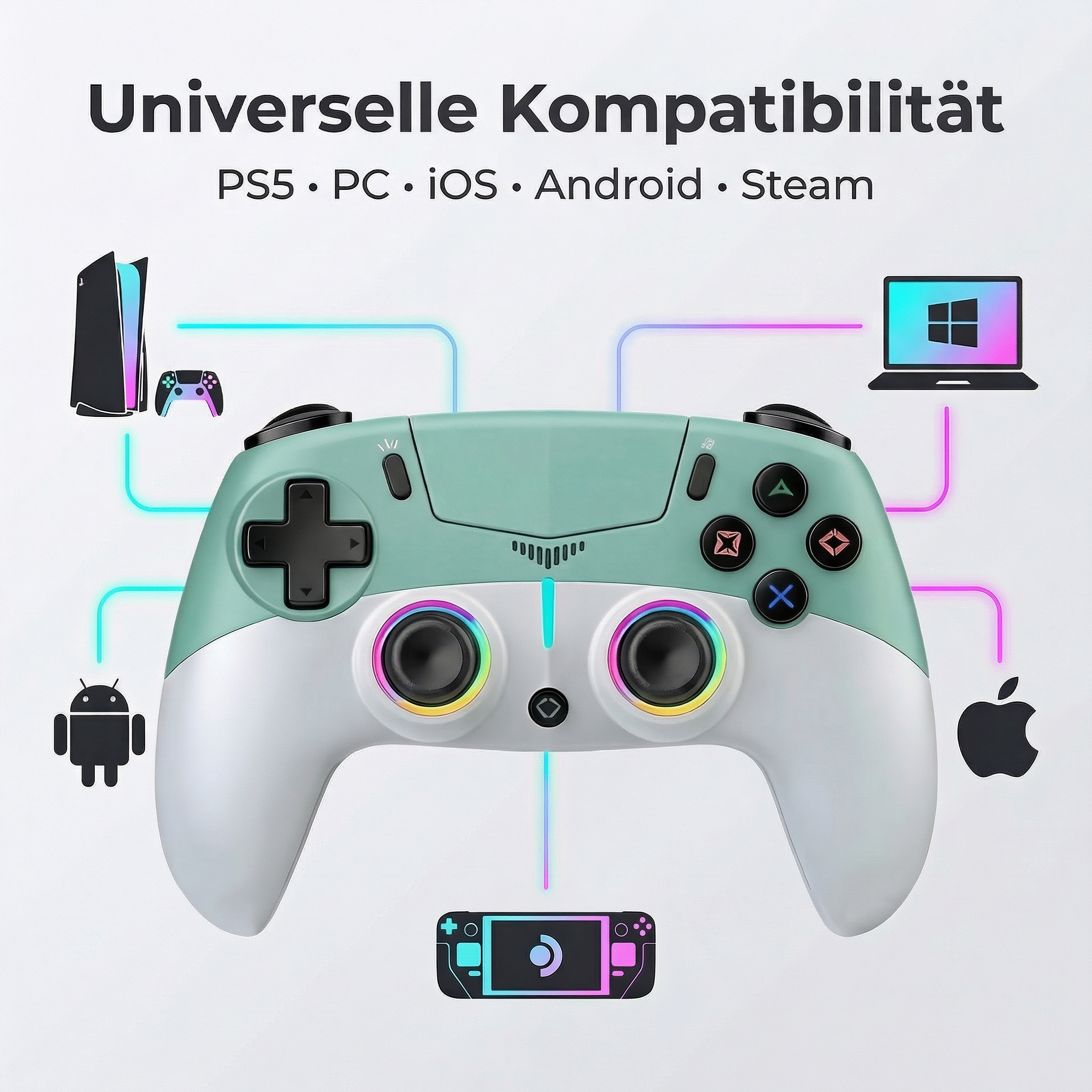 Ein grüner und weißer Gamecontroller mit leuchtenden Ringen um die Joysticks.