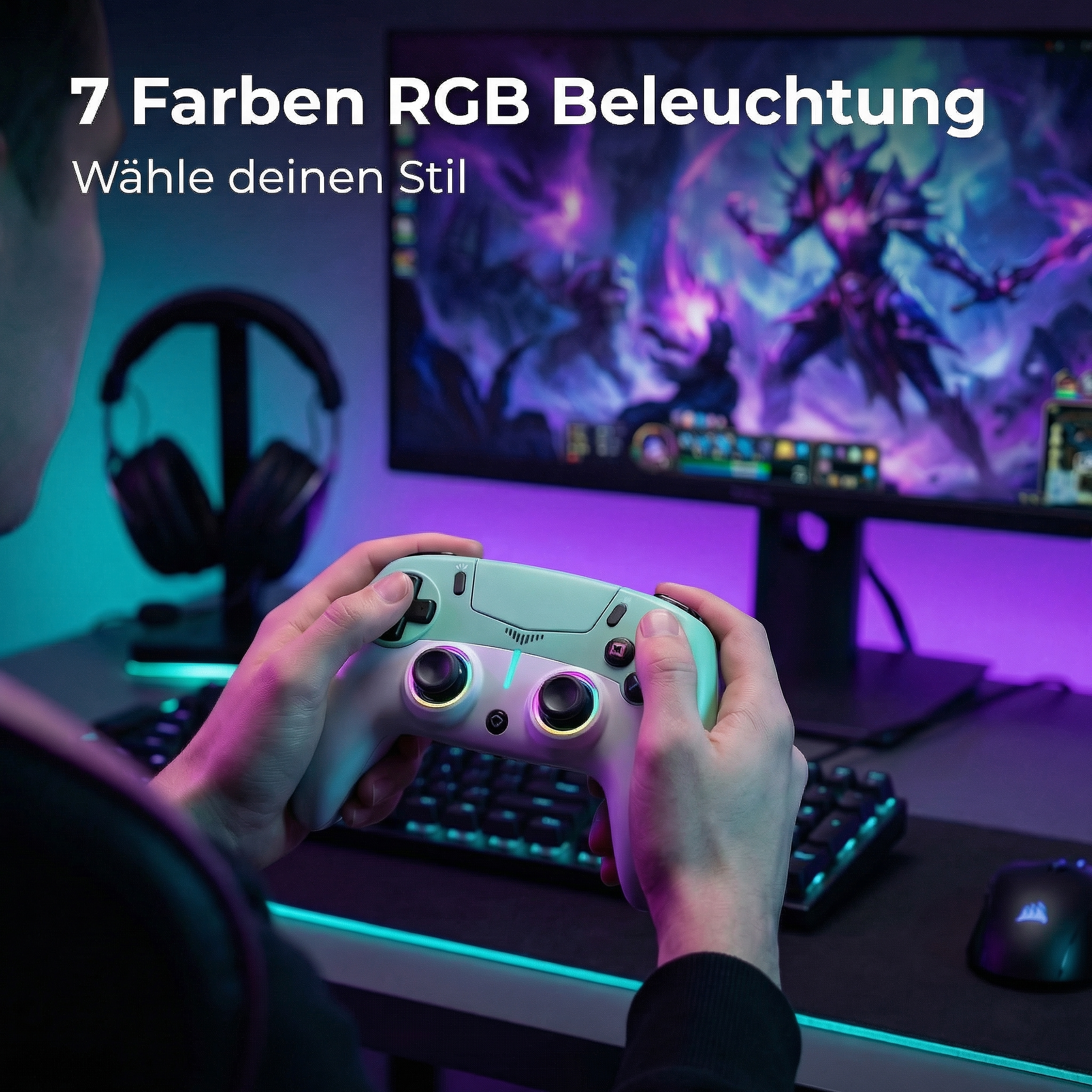 Person hält mintgrüne Gaming-Controller mit leuchtenden Knöpfen.