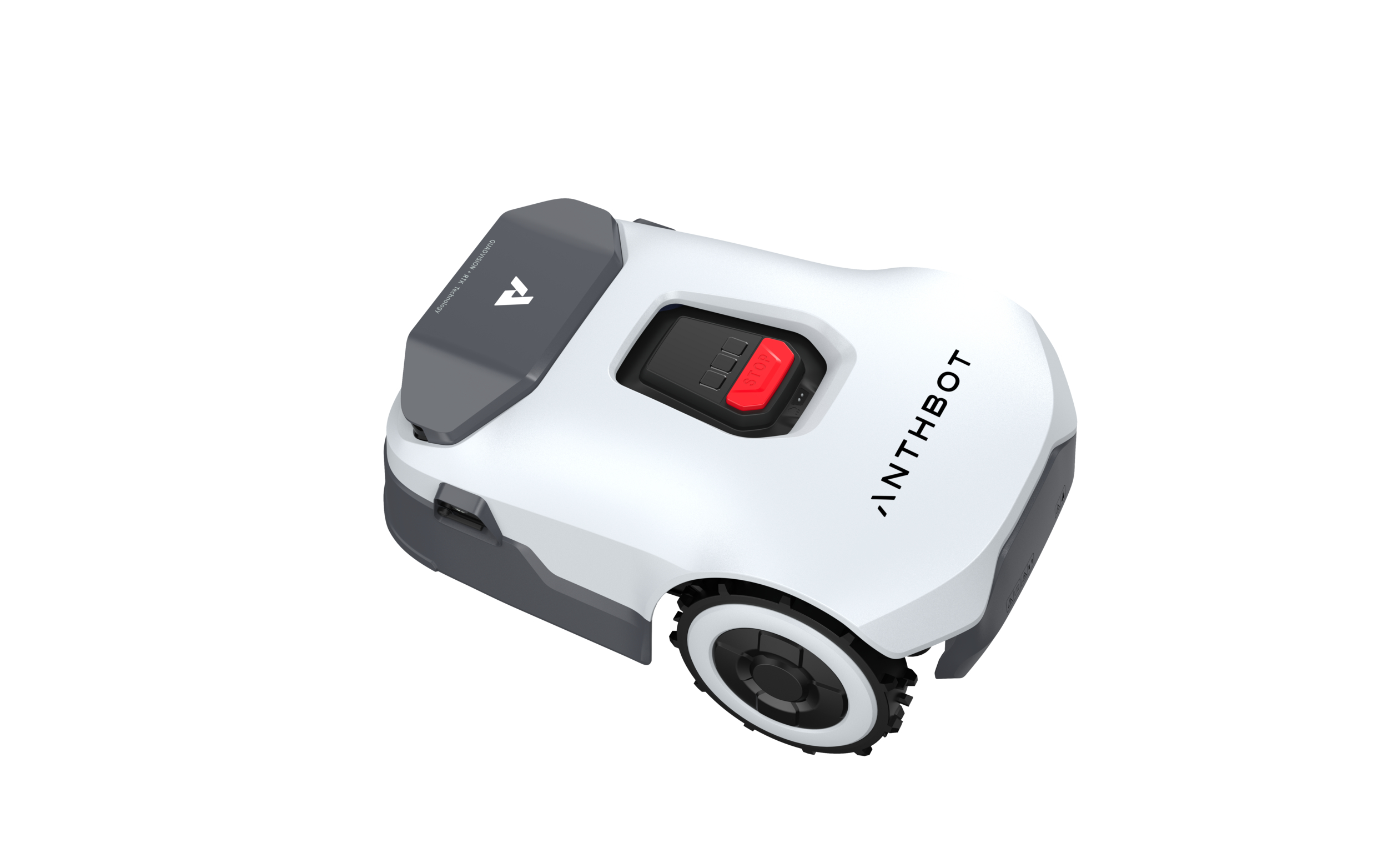 Ein weißer Mähroboter mit grauen Akzenten und einem roten Knopf.