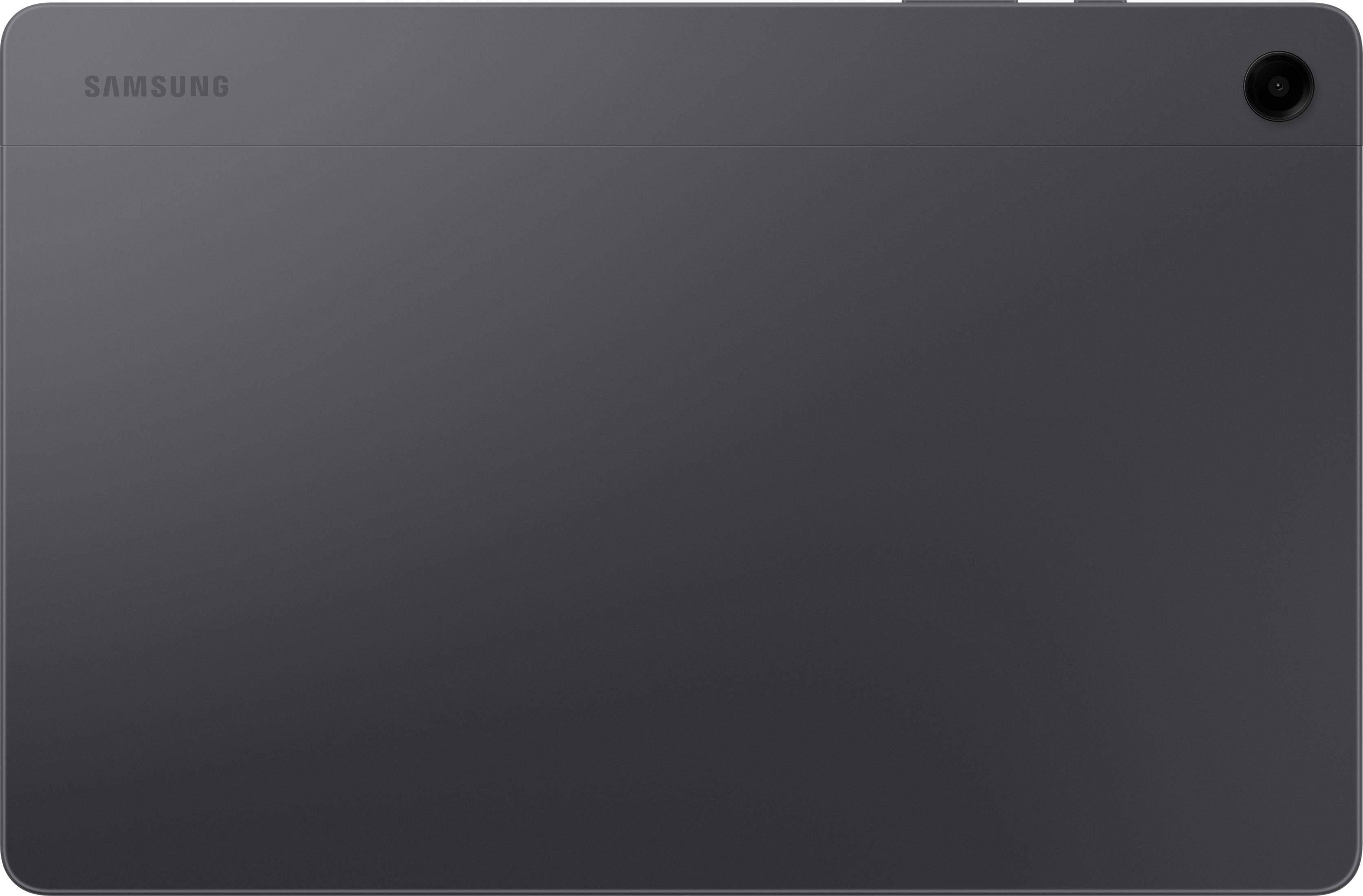 Ciemnoszare tablet Samsung z aparatem w prawym górnym rogu.