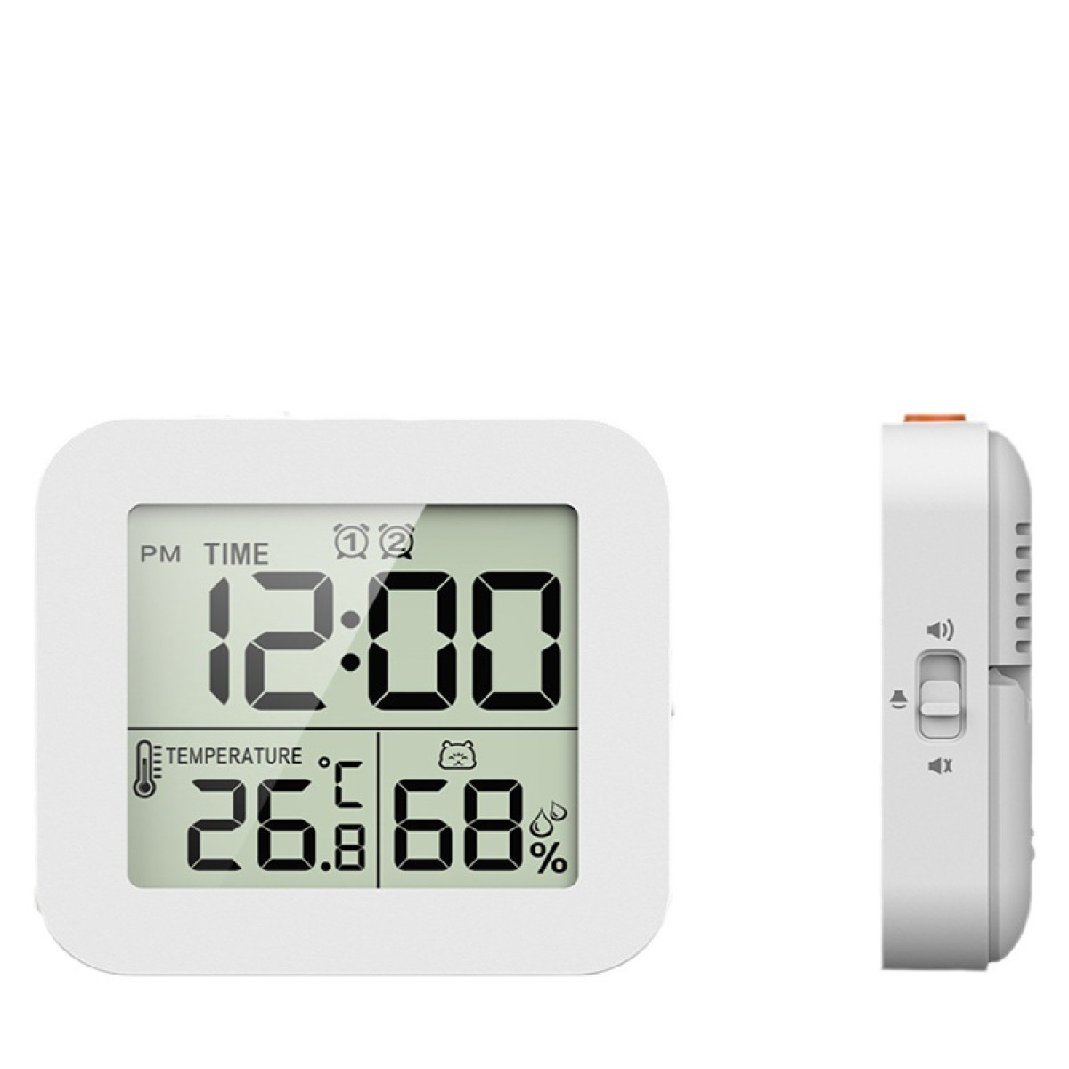 Ein weißes Digitalthermometer zeigt 12:00 Uhr, 26,8°C und 68% Luftfeuchtigkeit an.