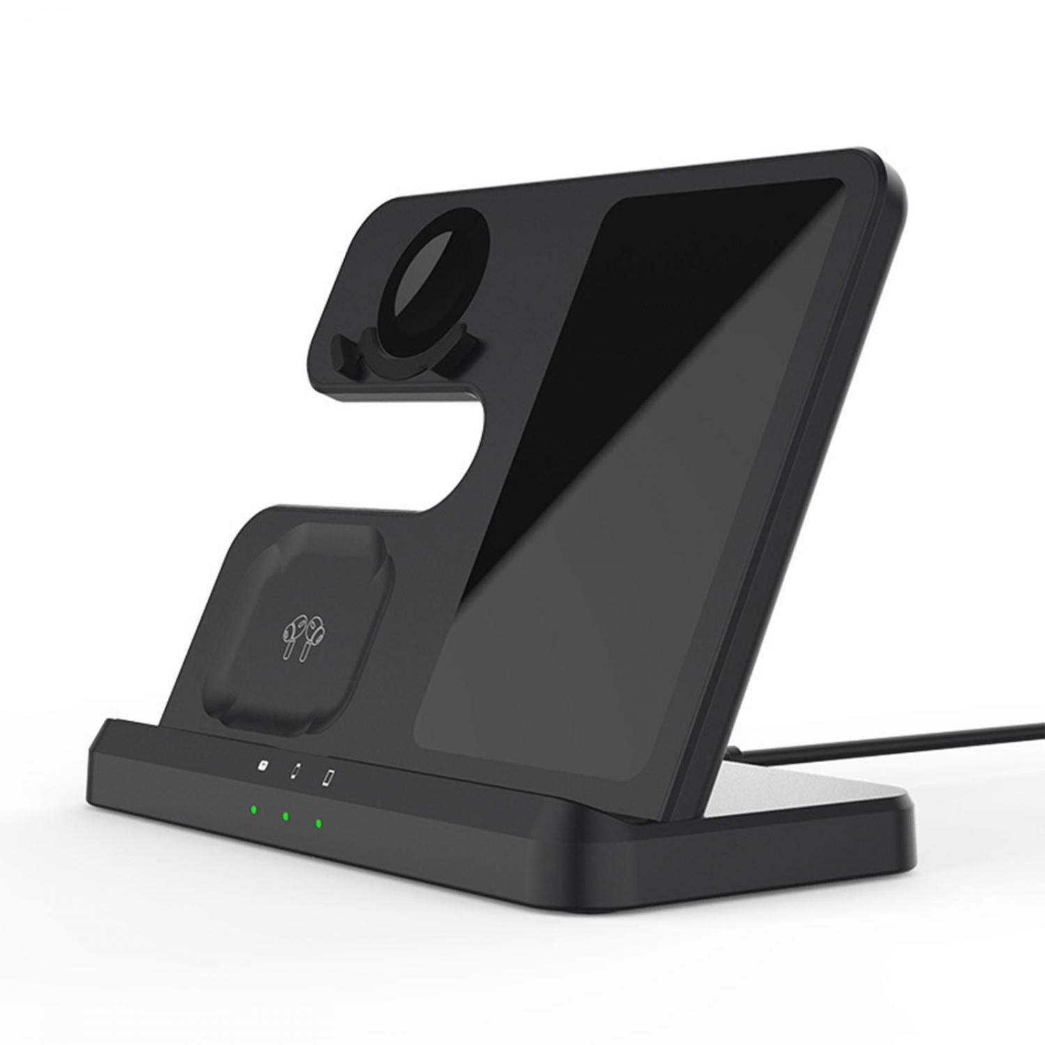Schwarzes 3-in-1-Ladegerät für Handy, Uhr und Kopfhörer mit grünen Ladeanzeigen.
