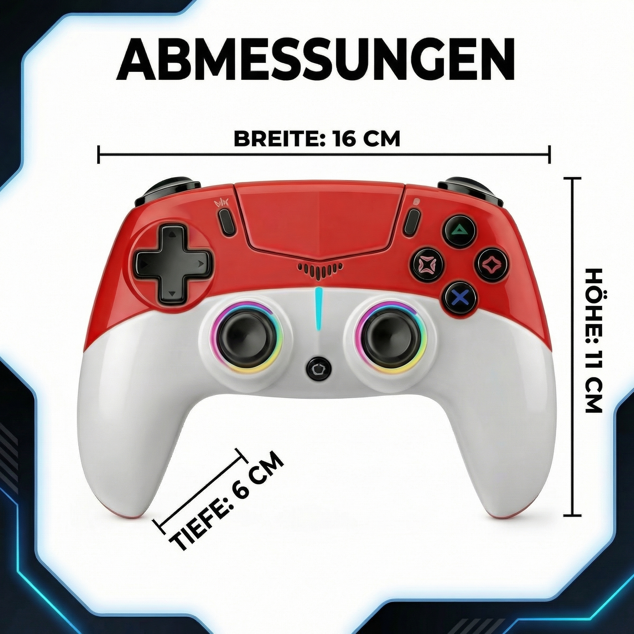 Ein roter und weißer Controller mit Maßen: Breite 16 cm, Höhe 11 cm, Tiefe 6 cm.