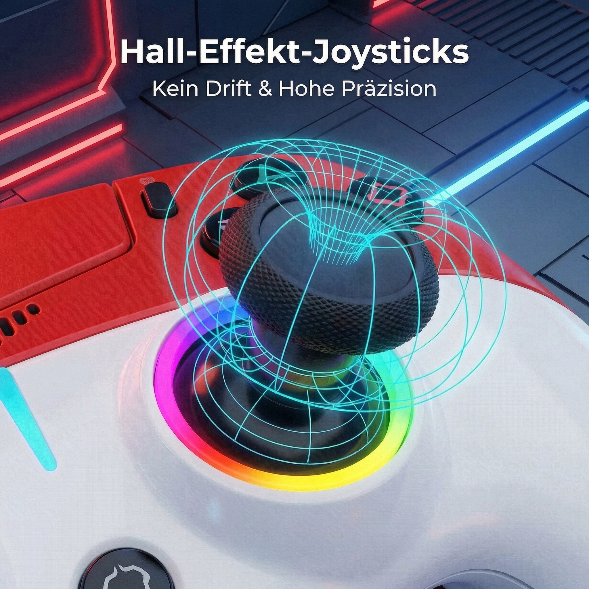 Rote und weiße Spielkonsole mit leuchtendem Joystick und blauen Gitternetzlinien.