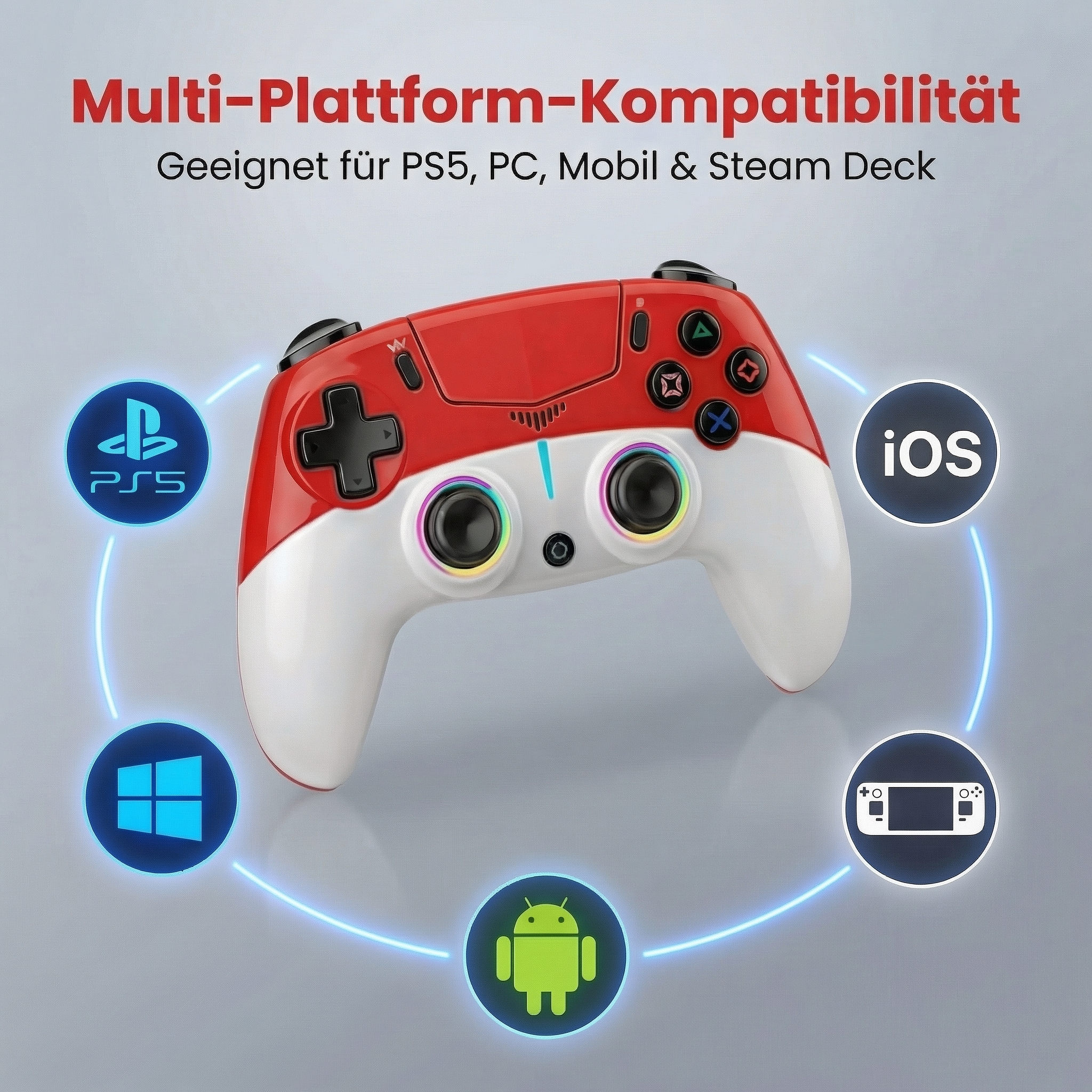 Rote und weiße Gaming-Controller mit Kompatibilitätslogos.